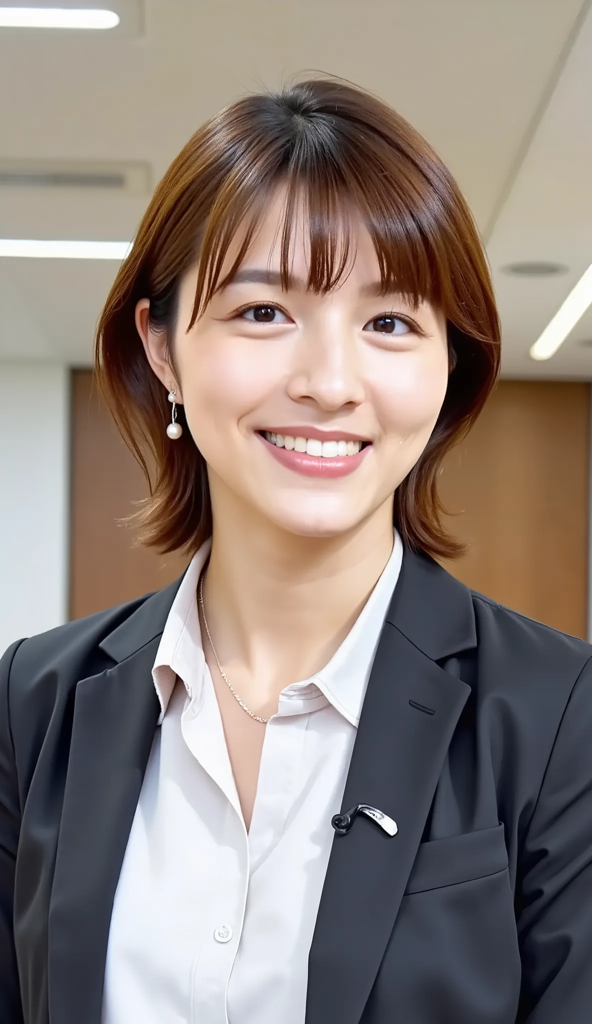 Neat Young Woman、and look at the camera、office lady suit、jacket、shirt、ネックレス、、ear piercing、、smile showing teeth、背景はオフィス