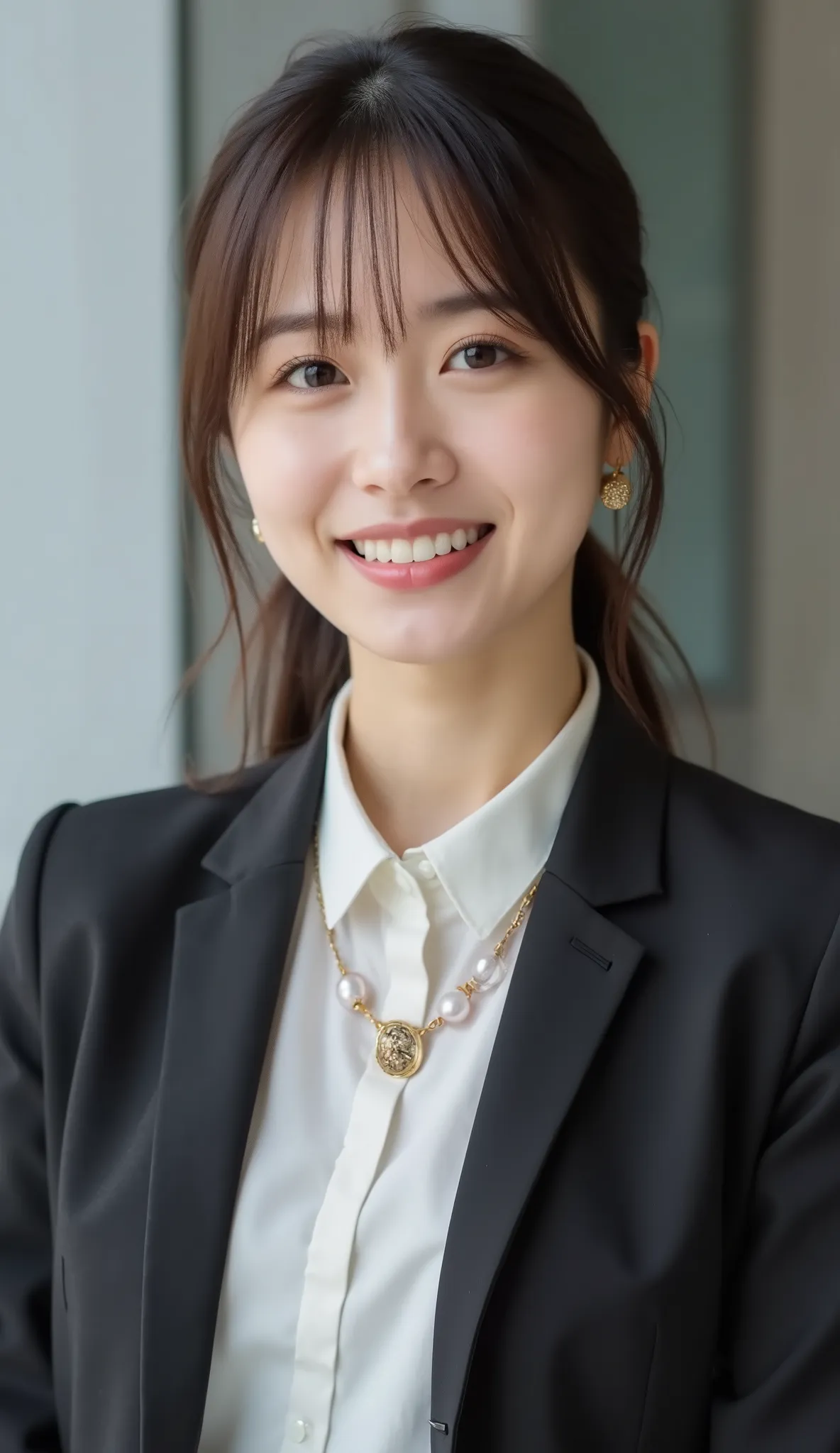 Neat Young Woman、and look at the camera、office lady suit、jacket、shirt、necklace、ear piercing、、smile showing teeth、背景はオフィス

