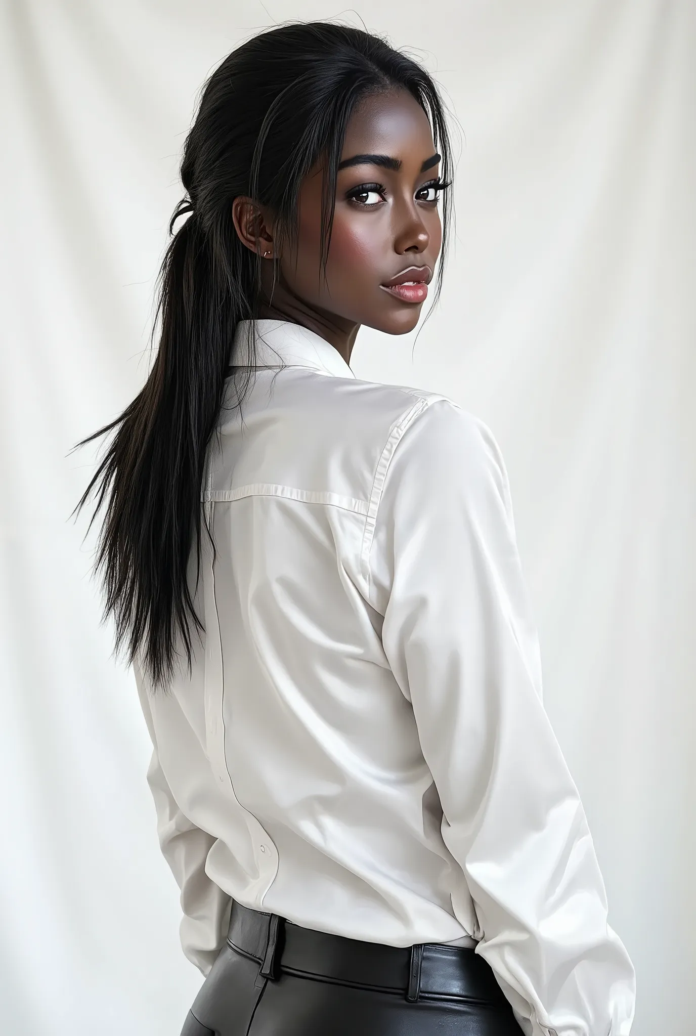 side profile image of Nyla Lueeth, American-Sudanese model with a shiny white satin button down shirt, black leather pants, white studio background
