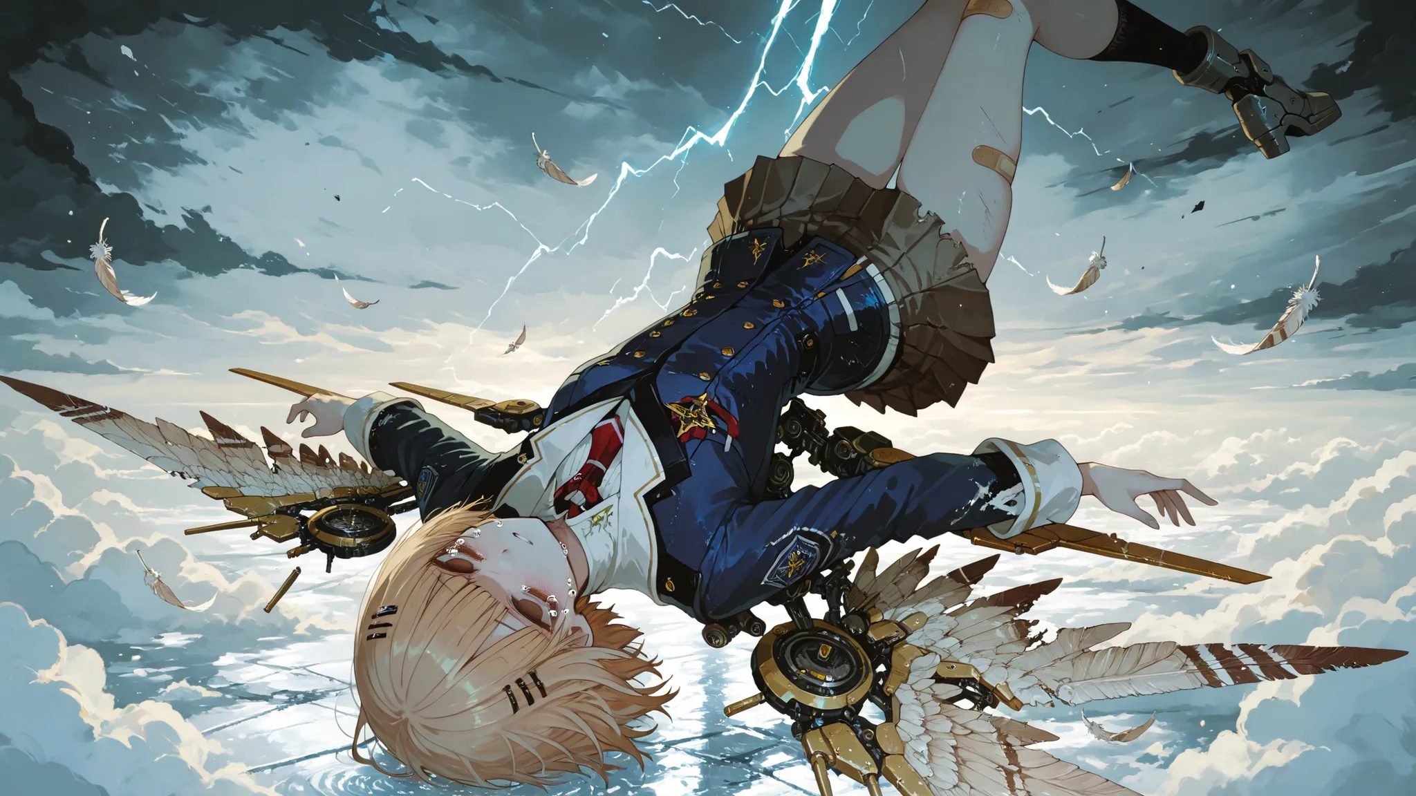 chise (saikano) a machinery angelic girl falling upside down through a dark, stormy fantasy sky, clumsy girl with very little self-esteem and has poor grades, her expression empty and hopeless, her once radiant wings torn, tattered, and stained, completely...