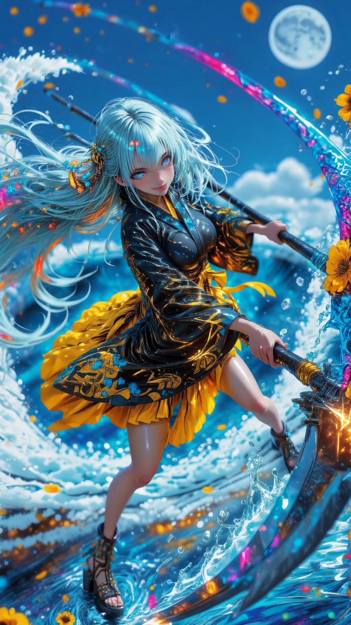 8k,super high quality,max resolution,Blockbuster, beautiful  face, shiny skin ,Smile Yang    ,favorite face ,1girl, solo, amazing long hair, Blue hair,knee-high, Cute Battle Poses,weapons, ,Cloud, Moon and big waves , Curved Platform Shoes,  Black Reaper ,...