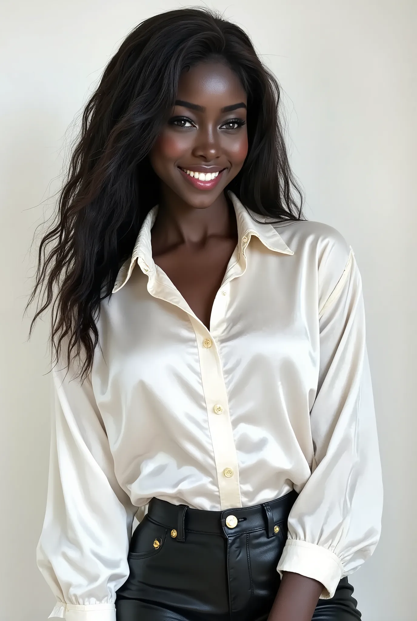 Nyla Lueeth, American-Sudanese model with a shiny white satin button down shirt, black leather pants, smiling, happy, white studio background