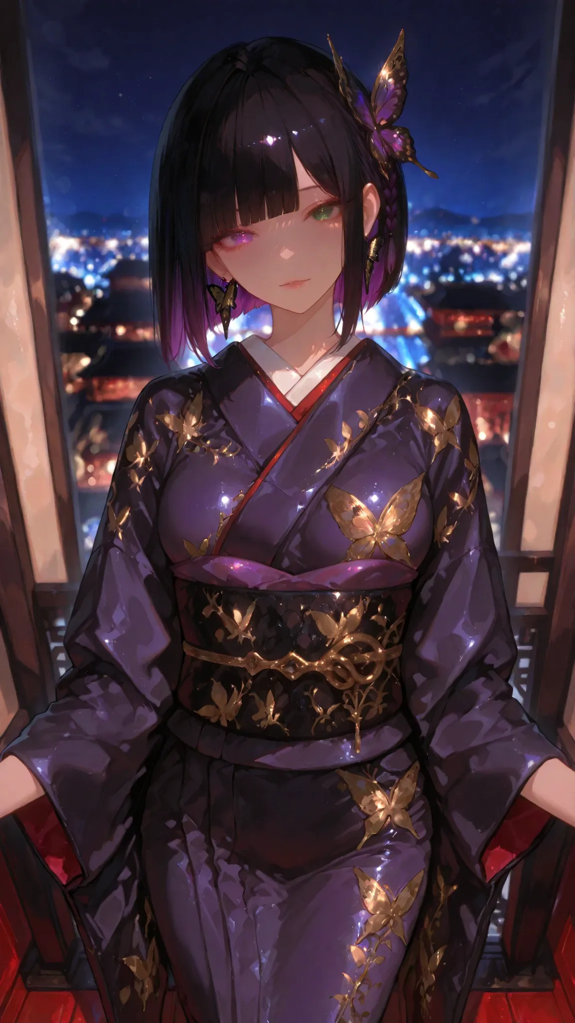 Refined Realistic Style（0.8）, Master Level,Extreme Details,Professional Post-Processing,Masterpiece,anime style（1.2）,best quality,high resolution,8K,Solo a girl，（Heterochromic eyes），（long black hair），（purple gradient highlight），（Hime Cut Bangs ），blunt head...