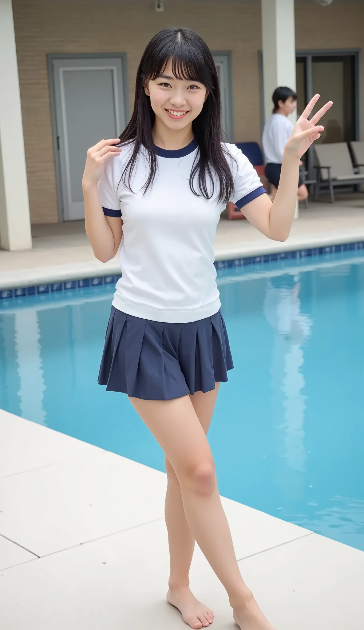 A realistic Japanese female high school student standing by the school pool、cute face、is smiling、Long Black Hair、summer sailor suit、miniskirt、Barefoot、full body view