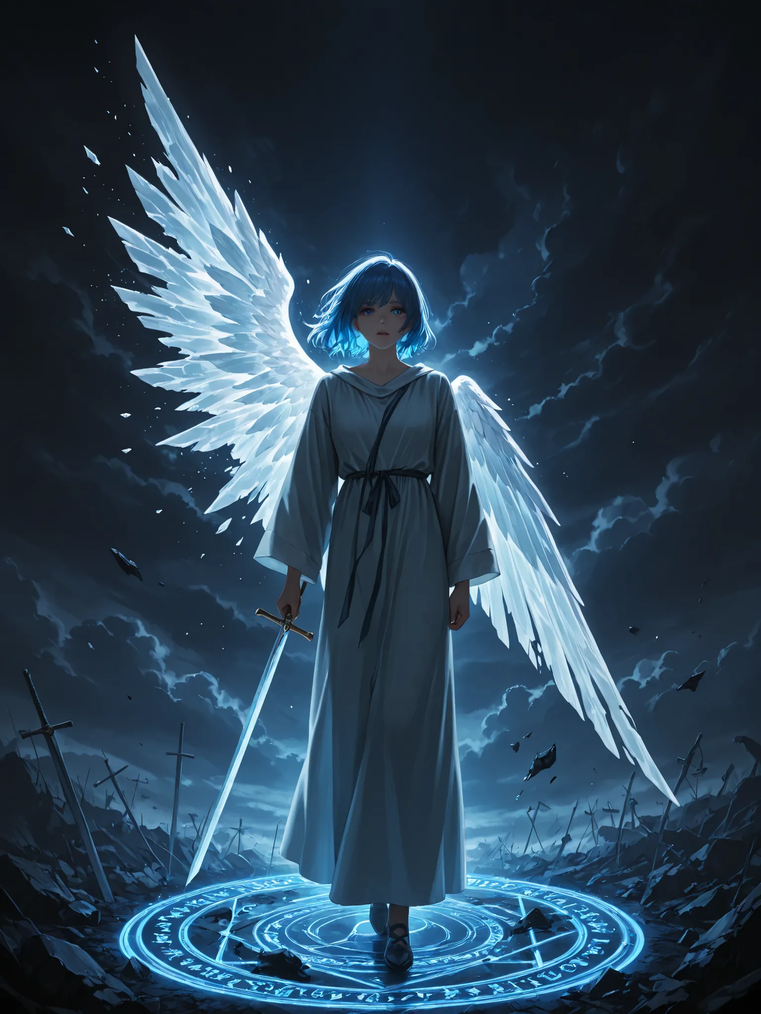 angel with a broken wing, falling from the sky,  Fallen Angel ,  glass wings  , one wing is cracked and collapsing, blue hair, angel robe , broken wing, cloudy atmosphere, fantastic, portrait, highly detailed, facial detail, eye detailing, digital art, pro...
