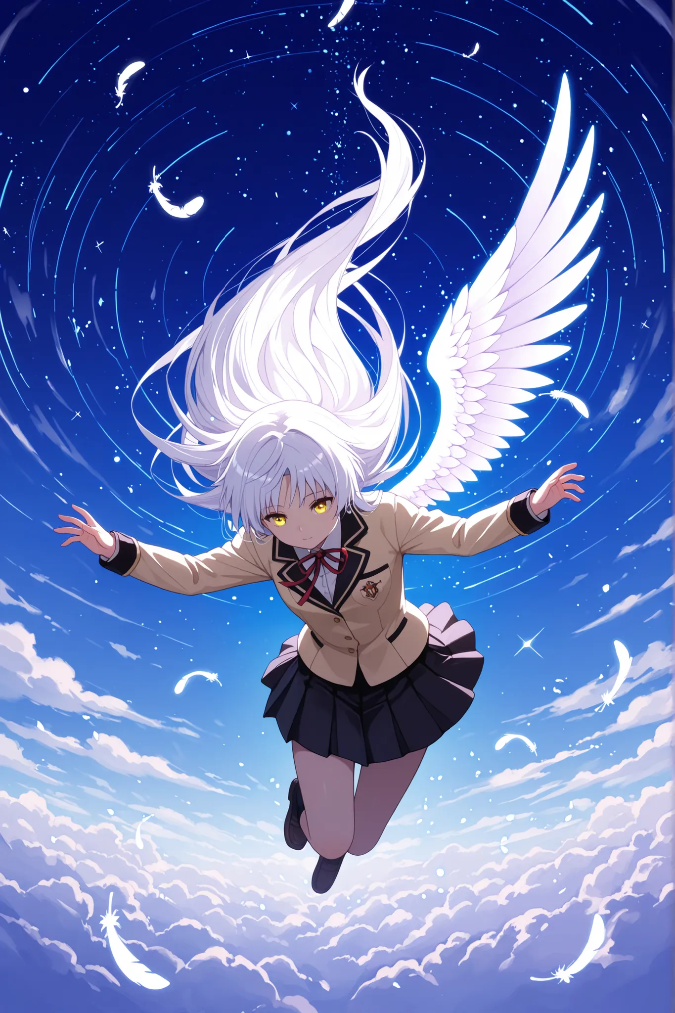 Solo ，Angel in an ethereal environment.  The angel should have a heavenly appearance, With a delicate face, and long, Beautiful hair. Only one wing ，Feathers are shattered and torn，Some gently drifting. is alternating between day and night,Above is a blue ...