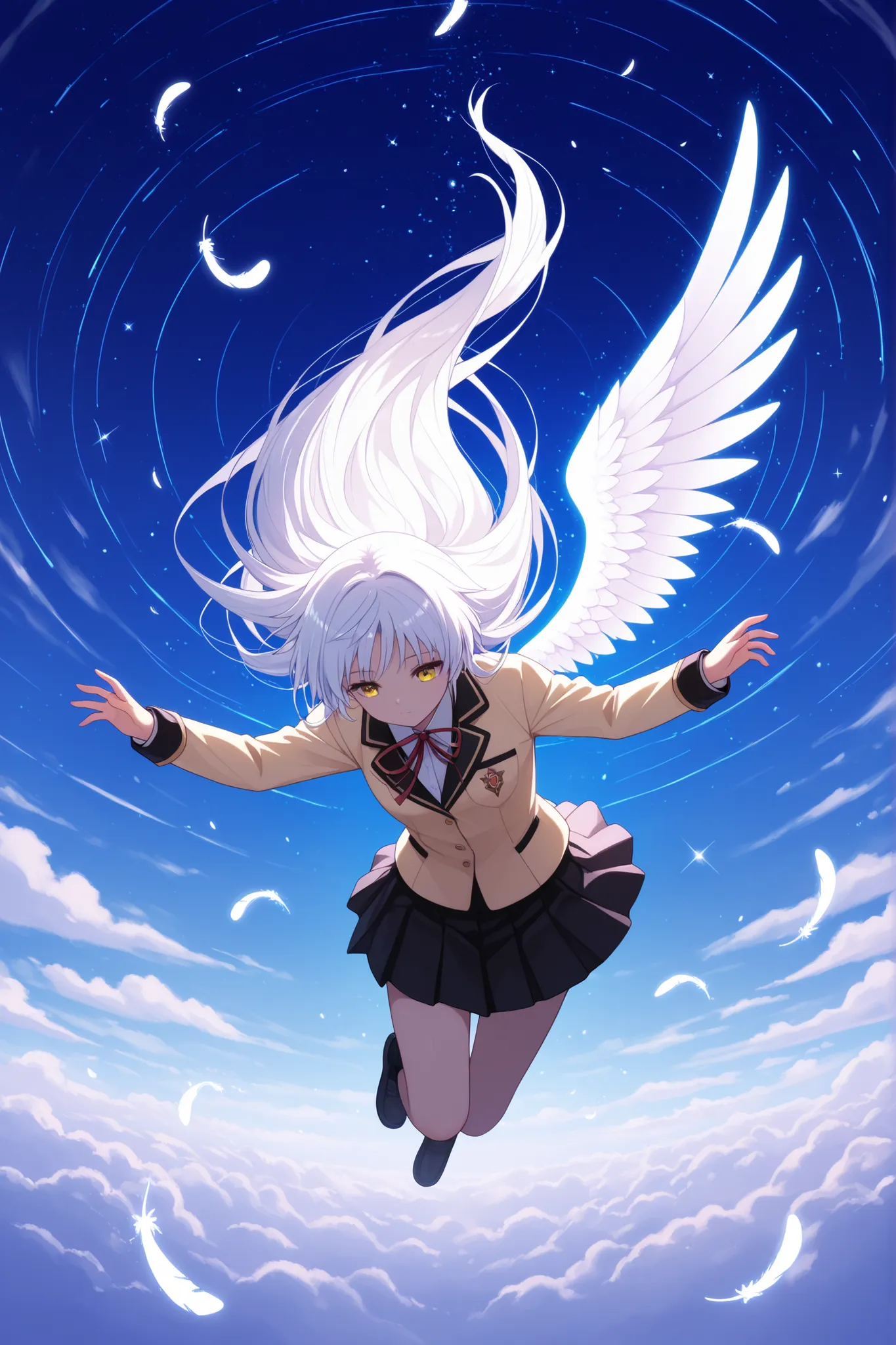 Solo ，Angel in an ethereal environment.  The angel should have a heavenly appearance, With a delicate face, and long, Beautiful hair. Only one wing ，Feathers are shattered and torn，Some gently drifting. is alternating between day and night,Above is a blue ...