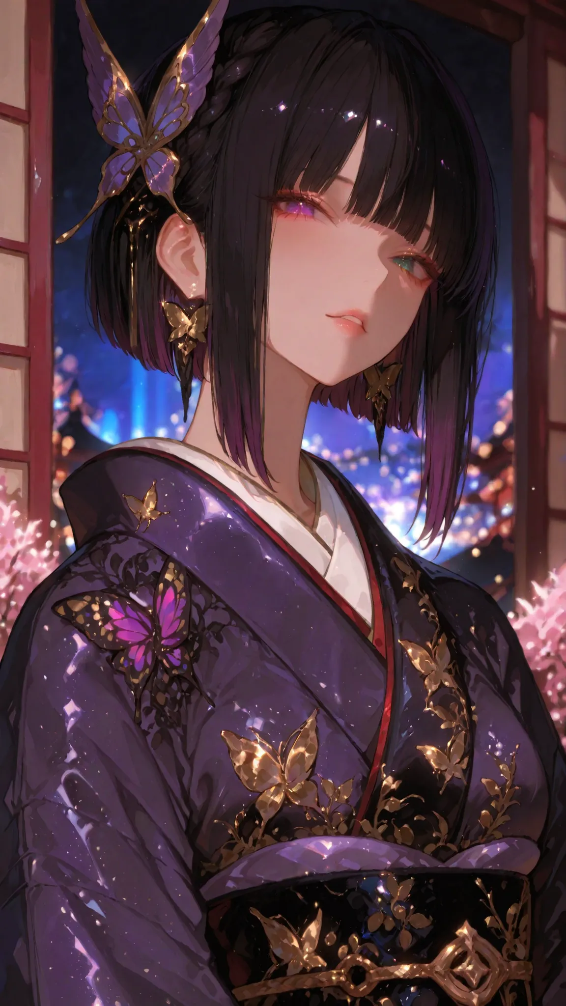 Refined Realistic Style（0.8）, Master Level,Extreme Details,Professional Post-Processing,Masterpiece,anime style（1.2）,best quality,high resolution,8K,Solo a girl，（Heterochromic eyes），（long black hair），（purple gradient highlight），（Hime Cut Bangs ），blunt head...