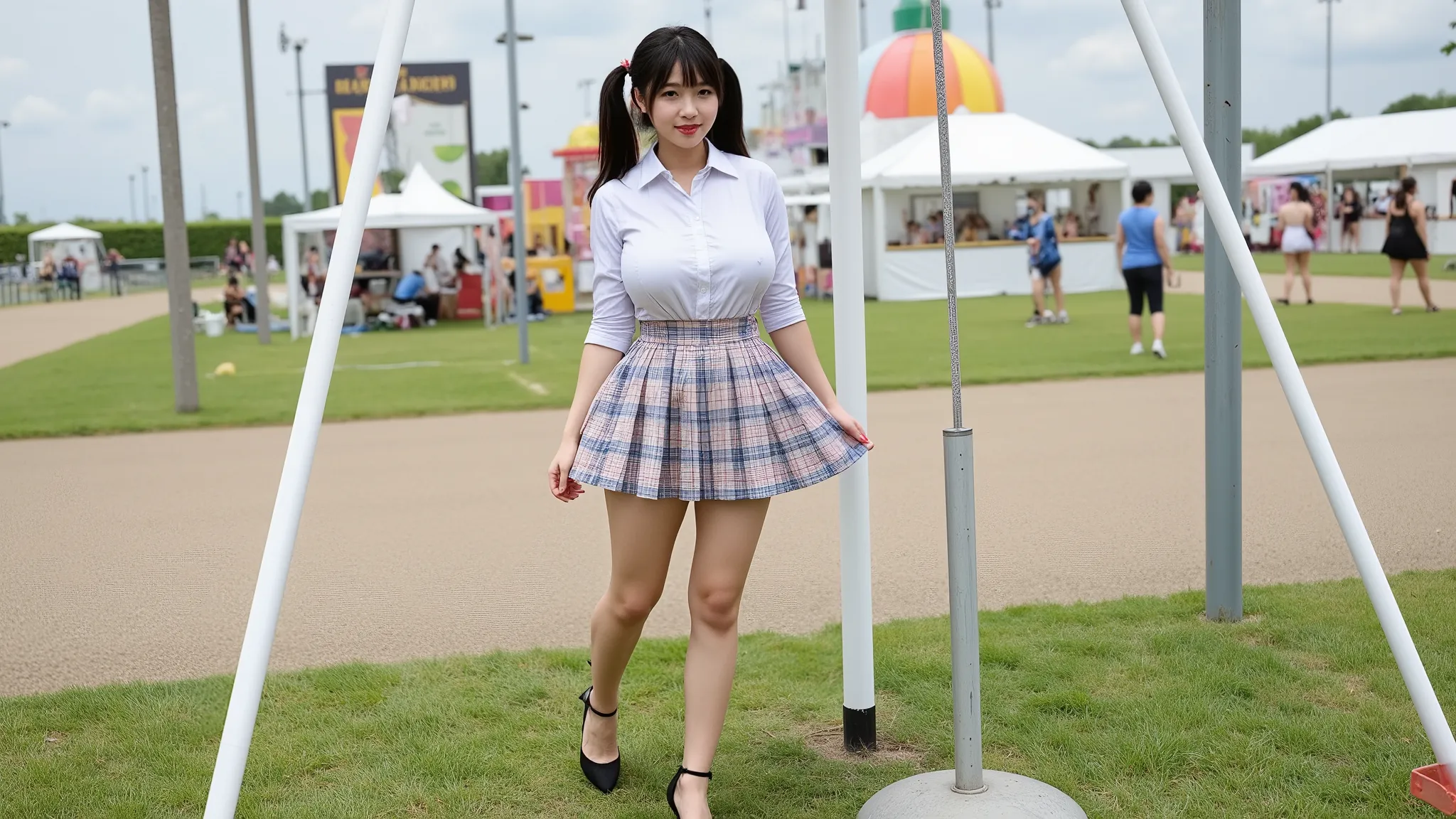 Ikumi at an outdoor carnival and fayre that is being held at a grass showground, taking part in a game in the main arena of the showground.  She is dressed as a schoolgirl, wearing a white shirt, short, pleated, light blue, light brown and white chequed sk...