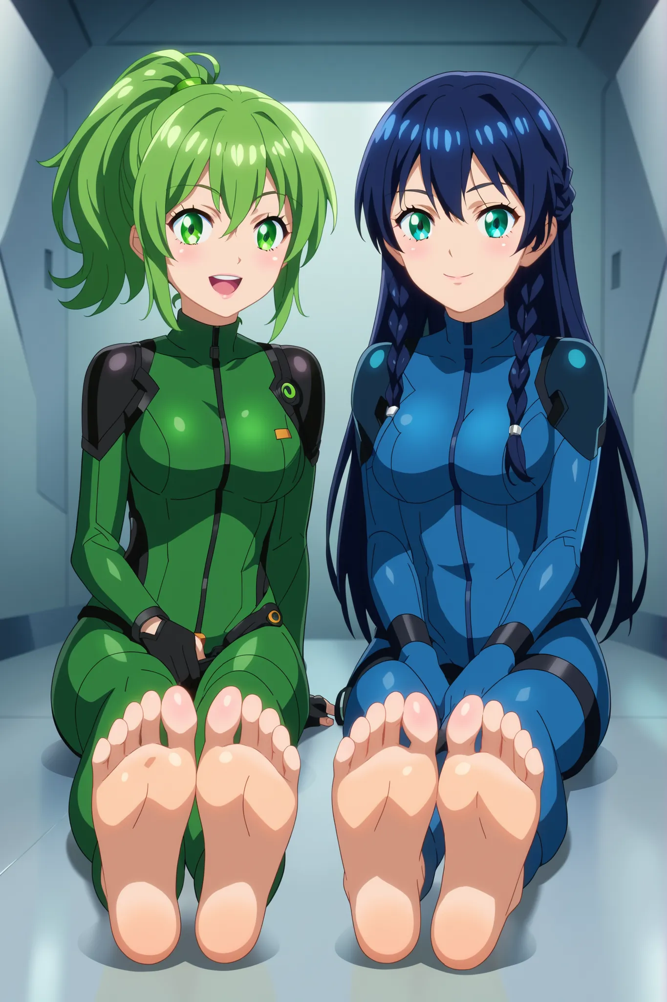 Two anime girls sitting side by side, both wearing futuristic henshin (transformation) suits. They are Chrono Green (green ponytail, cheerful expression) and Chrono Blue (long dark-blue hair with braids, calm expression). Both have their legs stretched for...