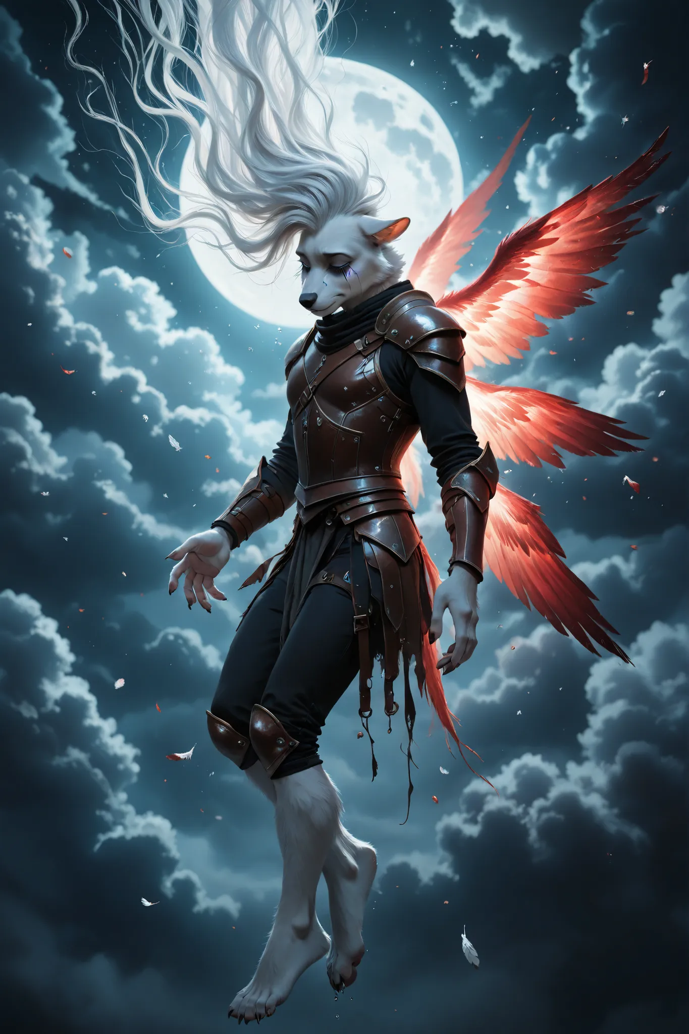 (((furry, anthro, male, warrior, leather armor, barefoot))), dynamic abstract background, masterpiece, high quality, ultra-detailed, ethereal fallen angel, tattered red wings, tears streaming down face, emotional portrait, soft moonlight, broken feathers f...
