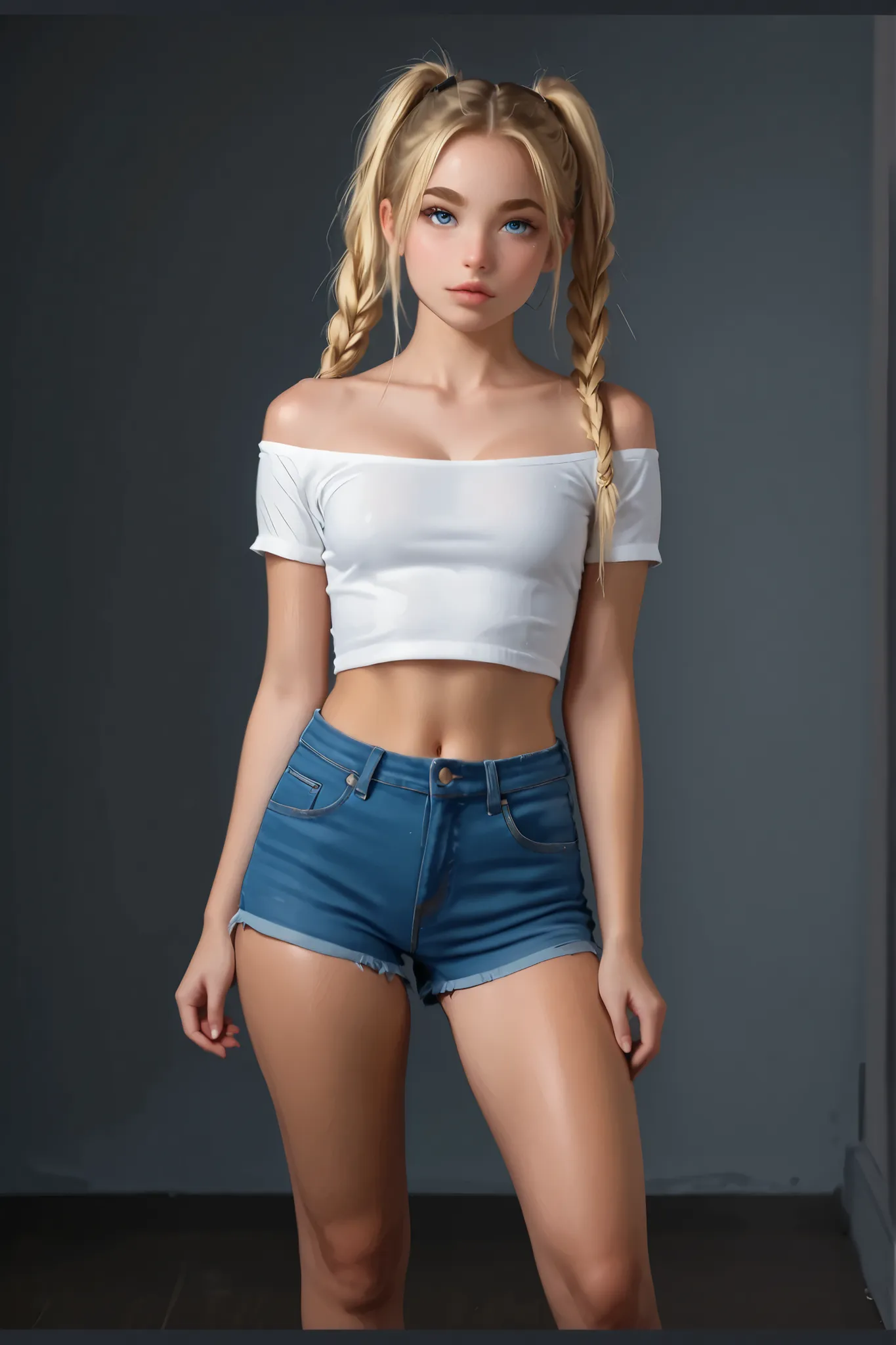 1 Girl, Teen, 18 Years Old, Young, Cute Face, Blonde Hair, Messy Very Long Twintails, Blond Eyebrows, Blue Eyes, Lips Without Makeup, Beautiful Girl, Collarbone, Cleavage, (Small Breasts, Small Waist, Hot Body, Normal Ass), Navel, (Short Sleeves Crop Top, ...