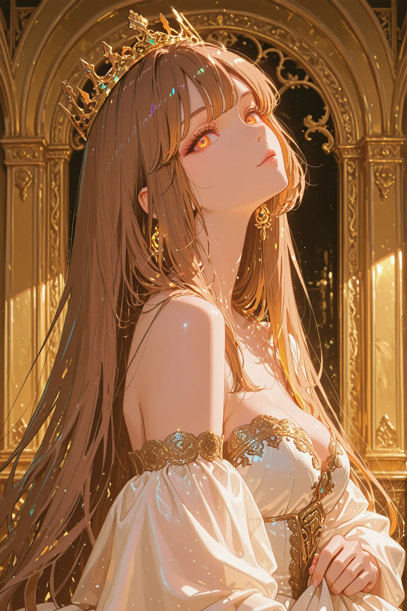 anime,rich,beautiful woman, elegant princess, mid-torso composition, side view, head tilt, narrow waist, glossy white strapless ball gown, golden ornate accents, detailed embroidery, soft flowing fabric, pastel tones, long brown hair, double-parted bangs, ...