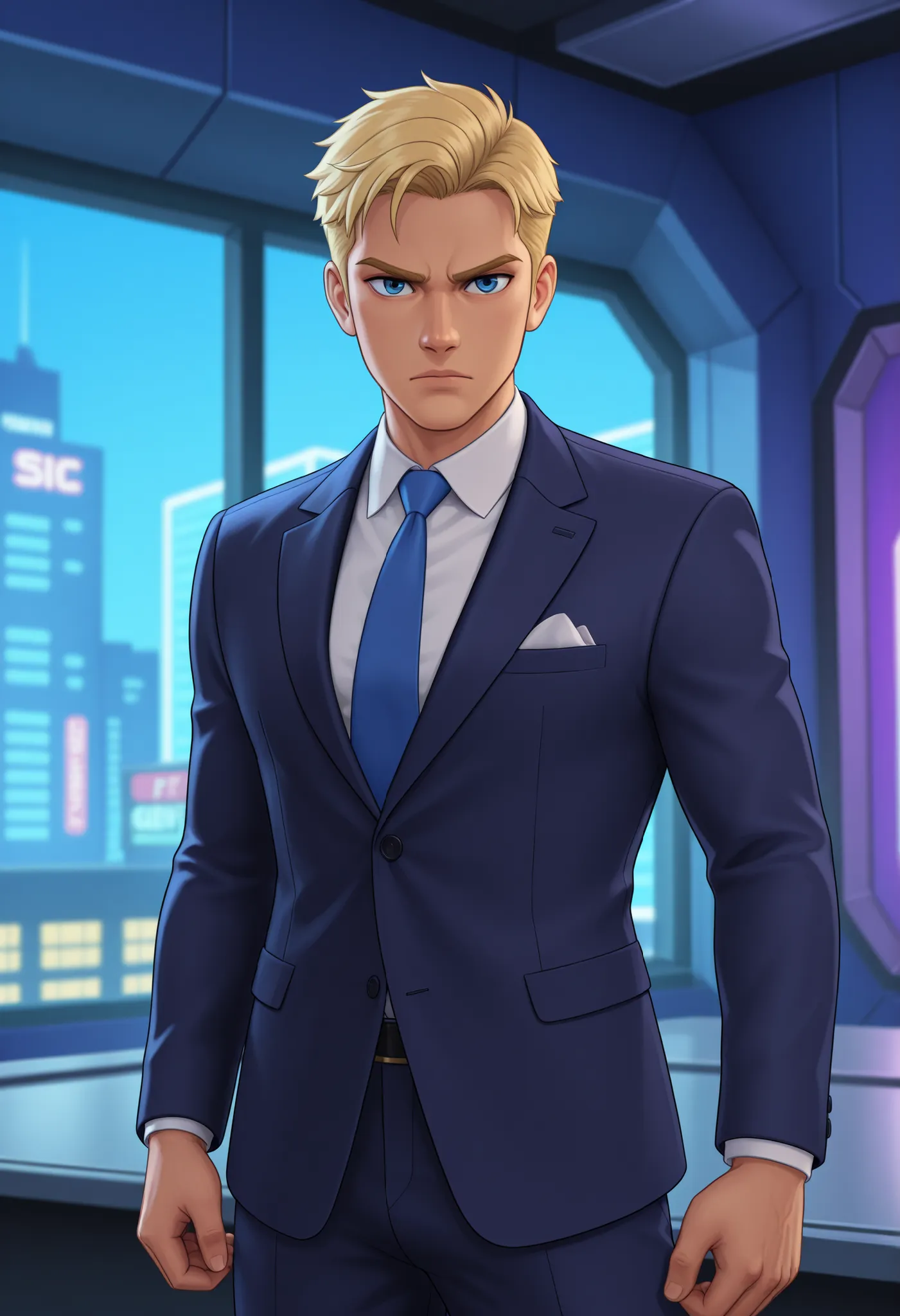 1man, adult, blonde hair, short hair, blue eyes, agent, serious, suit, sci-fi city background 