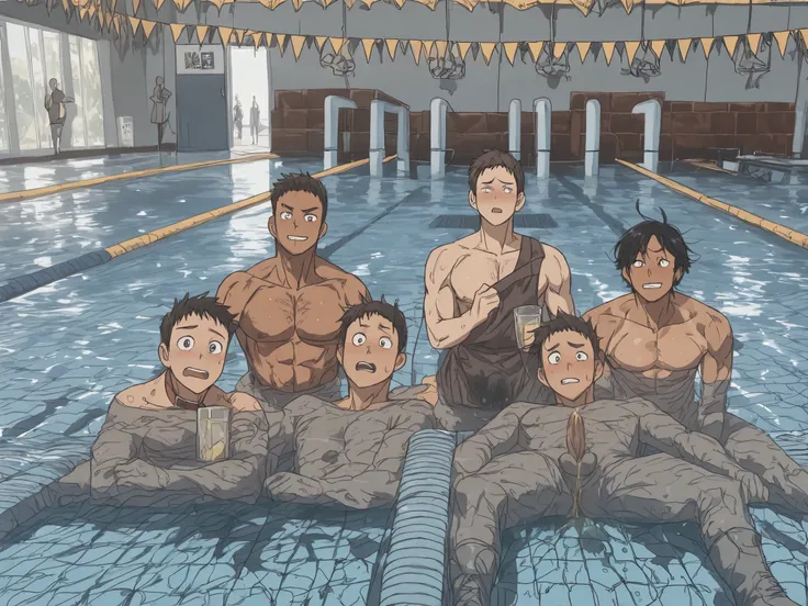 three boys, more muscular (1:5), more mature face (1:2), big hip (1:3) , short hair , wide view:1 . 2) , all men , all boys , chest hair , manly muscle , アナル挿入 , penis , anal , suck penis , (black hair, very tanned skin[,Covering someone's mouth from behi...