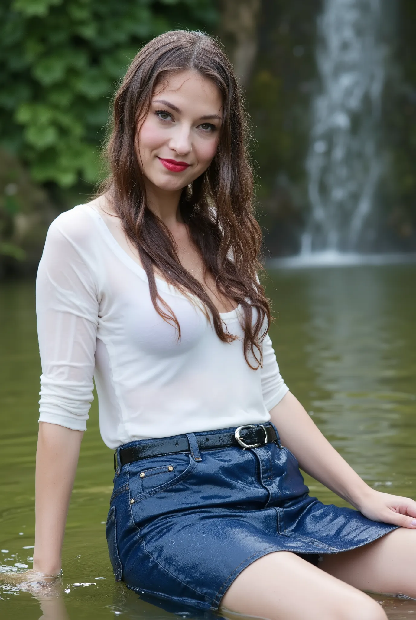 woman sitting in the water, (long wavy hair), bottom angle, in a pond, in water up to her waist, in the water, denim skirt, belt, ((v neck pullover)), white shirt, seated in the water, charli bowater, cute woman, with a waterfalls, casually dressed, wet lo...