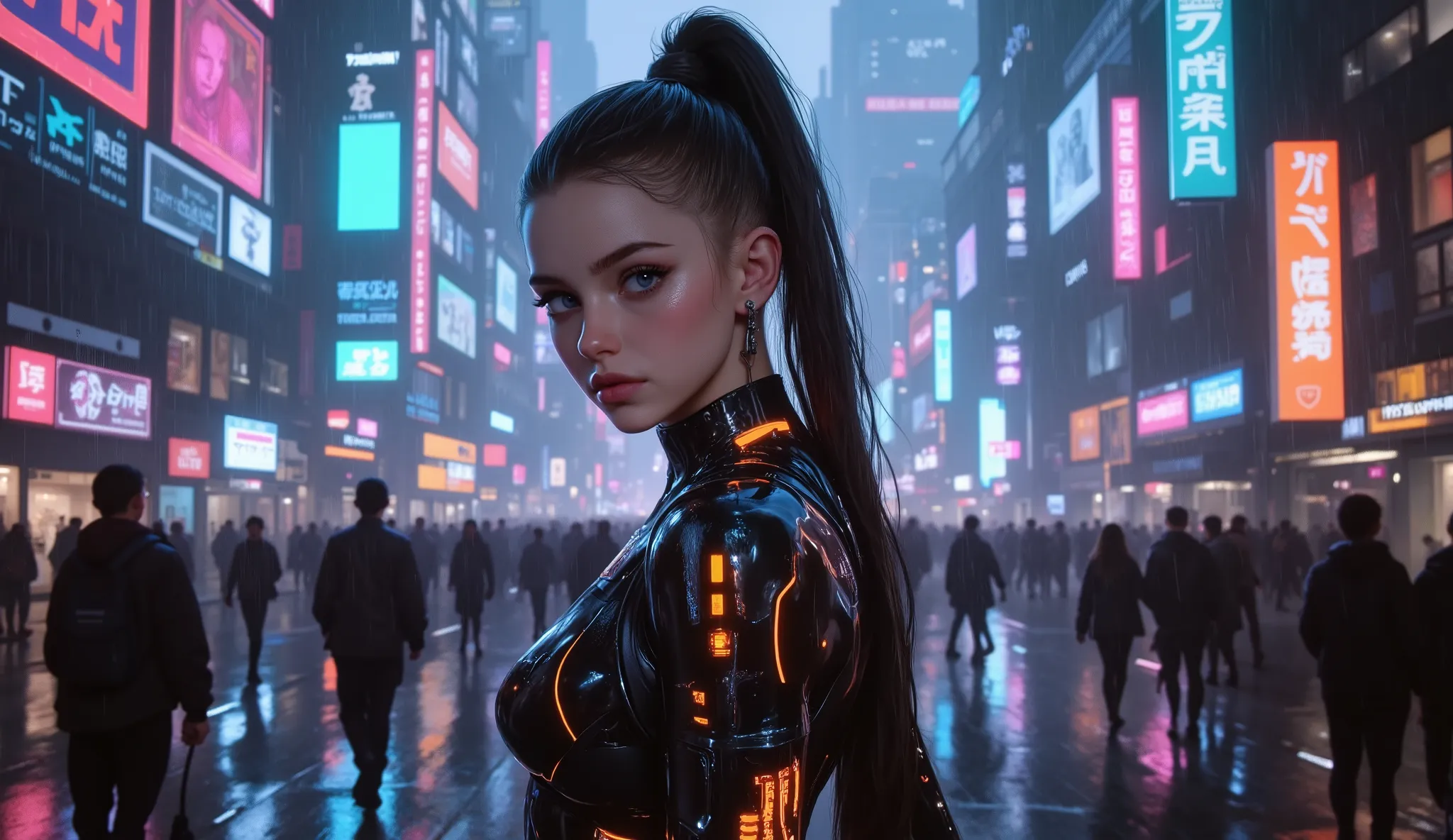 Young woman in her early 20s, sharp features, intense gaze, glowing cybernetic implants along her cheek and spine. She stands confidently in the rain-soaked streets of a sprawling cyberpunk megacity, surrounded by flickering neon signs in kanji, holographi...