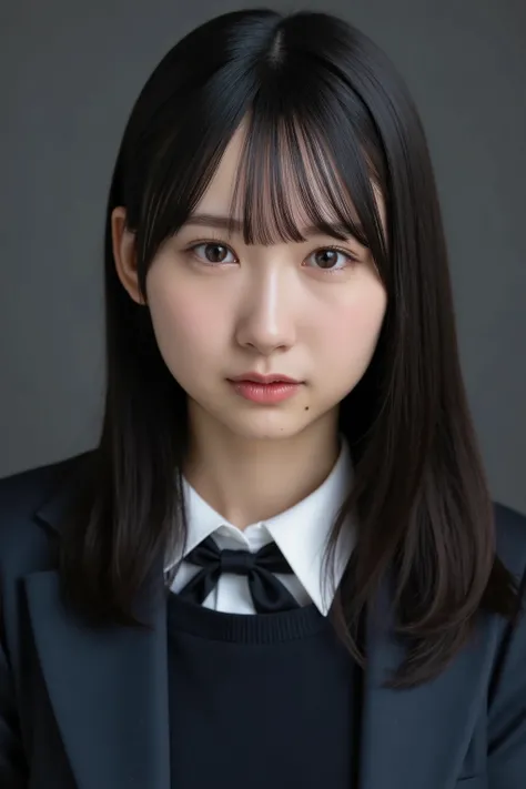 32k, Masterpiece, top quality, (Beautiful Woman) dark hair, sleek, serious expression, intense gaze, red lipstick, subtle eye makeup, school uniform, sophisticated, powerful, neutral background, dark gray, soft lighting, even lighting, high-quality image, ...