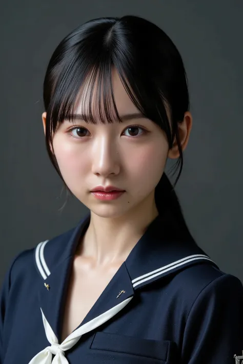 32k, Masterpiece, top quality, (Beautiful Woman) dark hair, sleek, serious expression, intense gaze, red lipstick, subtle eye makeup, school uniform, sophisticated, powerful, neutral background, dark gray, soft lighting, even lighting, high-quality image, ...