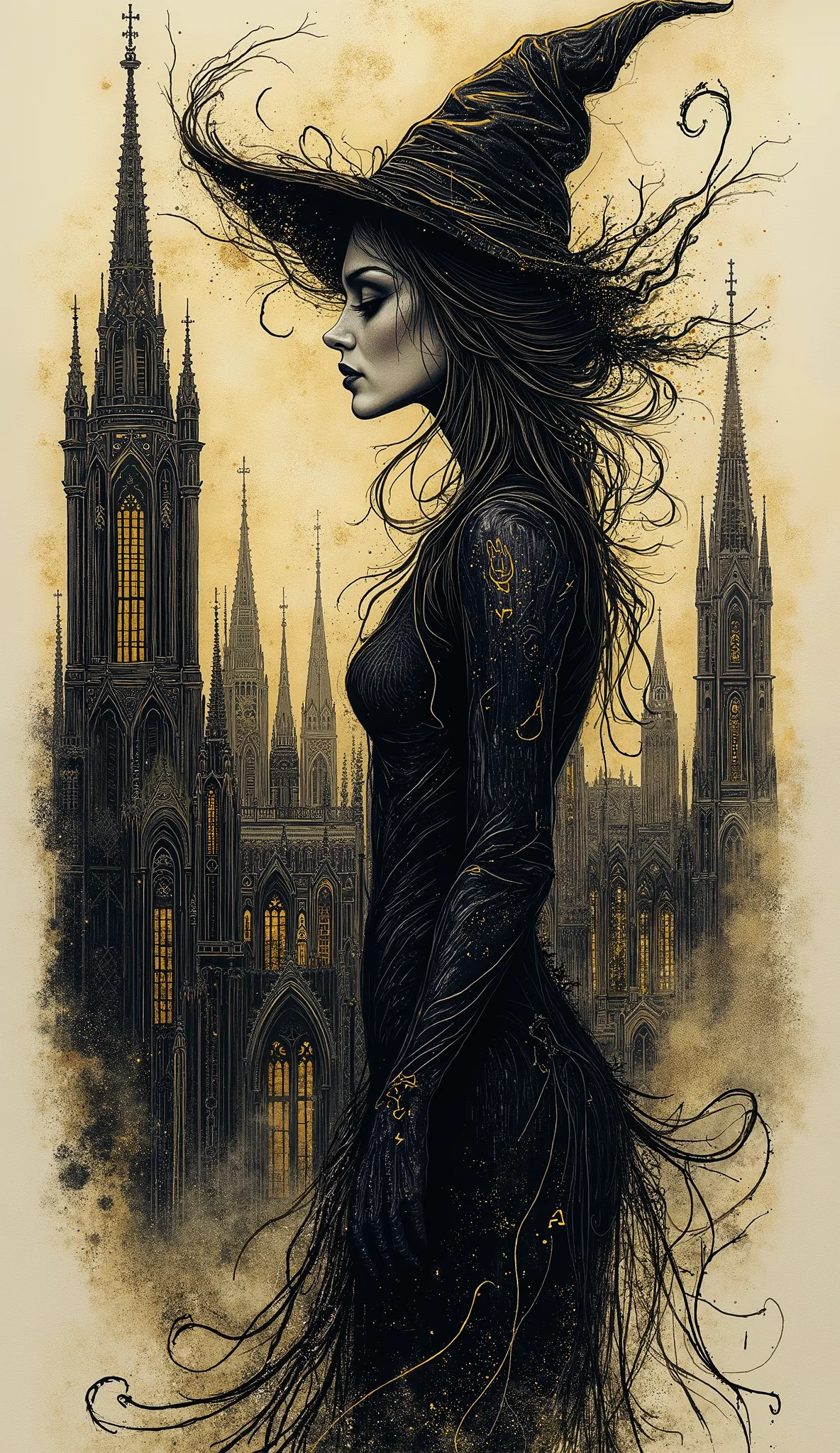 Full body dynamic position. (full body) crude drawing of a full-body pale emo witch.  Very sexy and attractive. Depressivo Negro, black and white engraving uma mulher gótica com um sorriso malicioso , stepping hard on a dark and hazy Gothic cathedral. Lots...