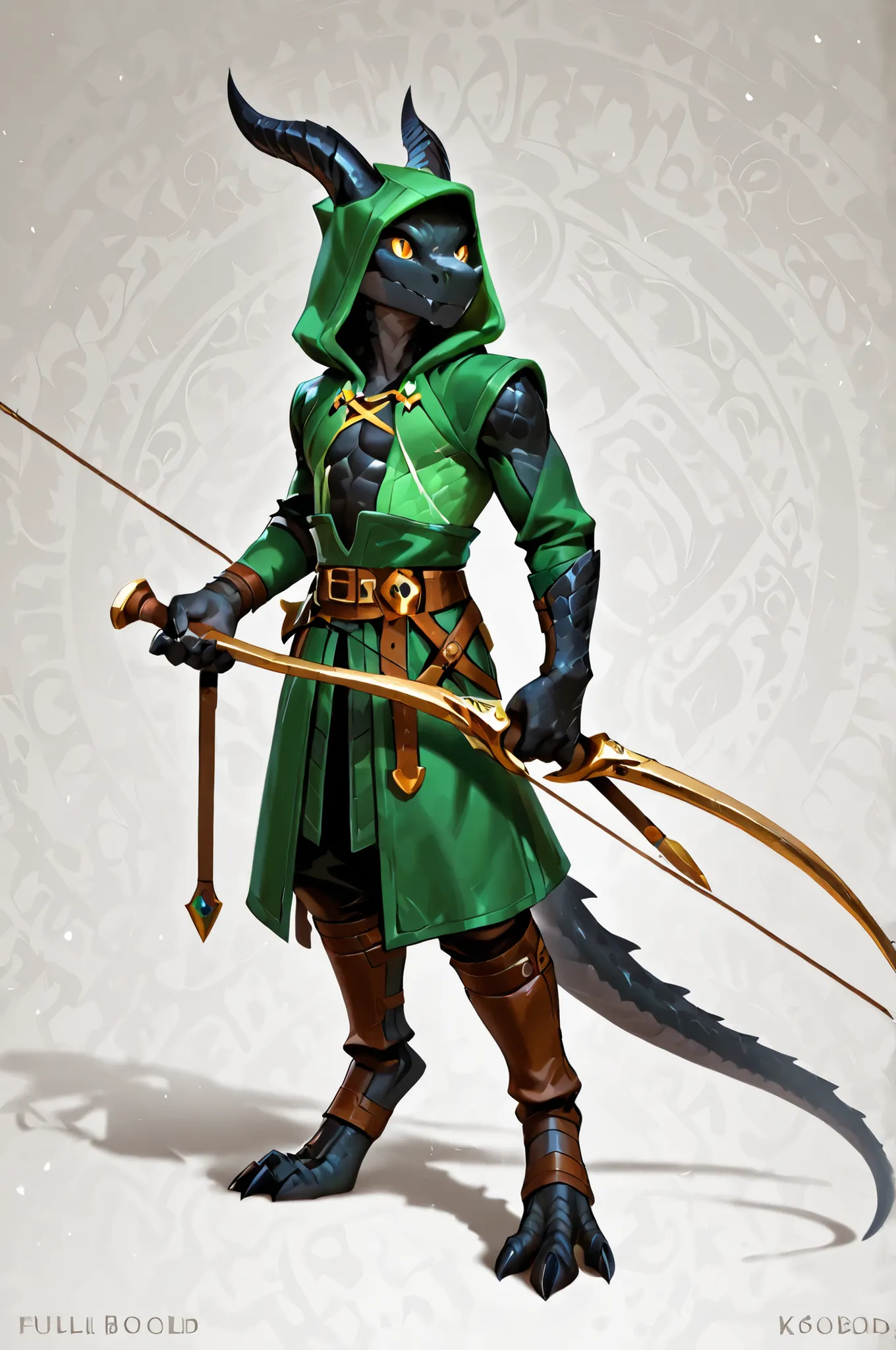 kobold, black scales, archer, hood, green hunter clothes, great draconic horns, fullbody art, solo, lean, holding a long bow