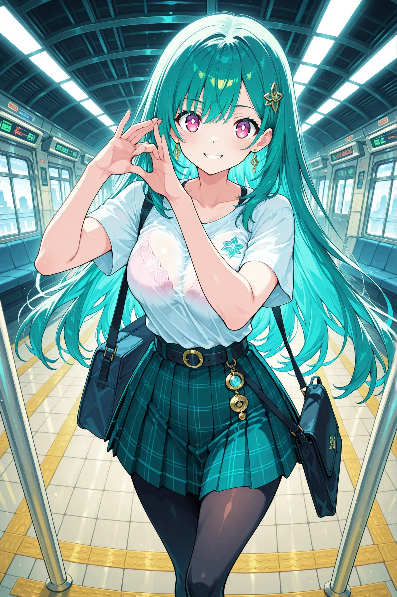 character:
base:subject 20-year-old Japanese anime girl, age young adult, style flat anime illustration
appearance:
hair:color emerald forest green hair, length flowing long straight hair, style sleek straight styling, texture glossy natural texture, physi...