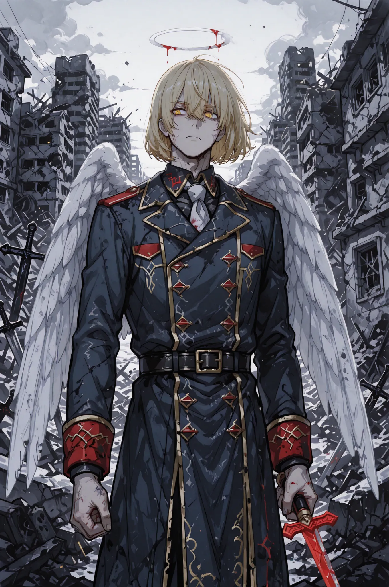 handsome anime-style man, male, around 23 years old, blond silky hair in a neck-length bob, all bangs swept strongly to the side, strong side-swept fringe, thin eyebrows, angel, large pure white wings growing from his back, European-style military uniform,...