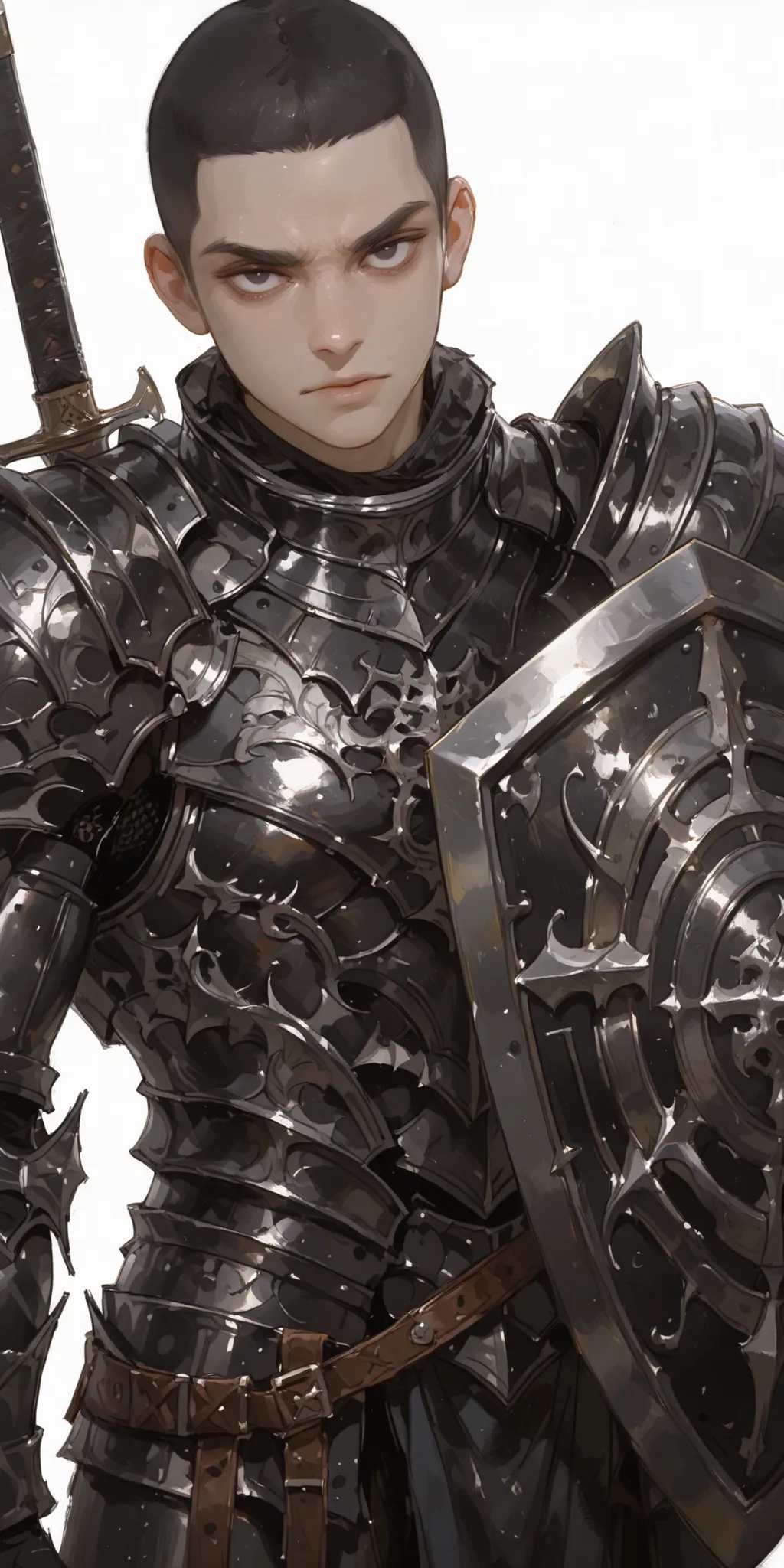 best quality, masterpiece, ultra detailed, atnr, SagawaStyle, 748cmstyle, 1male, overly detailed pupils, black eyes, sword, heavy armor, black hair, buzz cut, glaring at viewer, sanpaku eyes, heavy spear, heavy shield