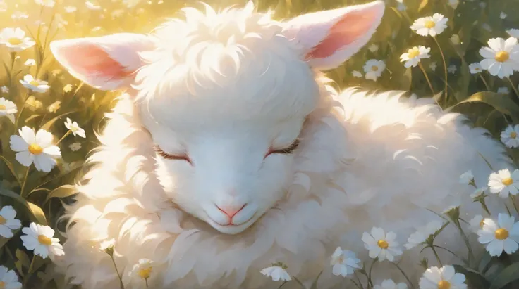 Close-up of a sleeping lamb, fluffy white fur, soft pink ears, closed eyes, adorable expression, surrounded by white wildflowers, soft golden light, painterly style, intricate details,