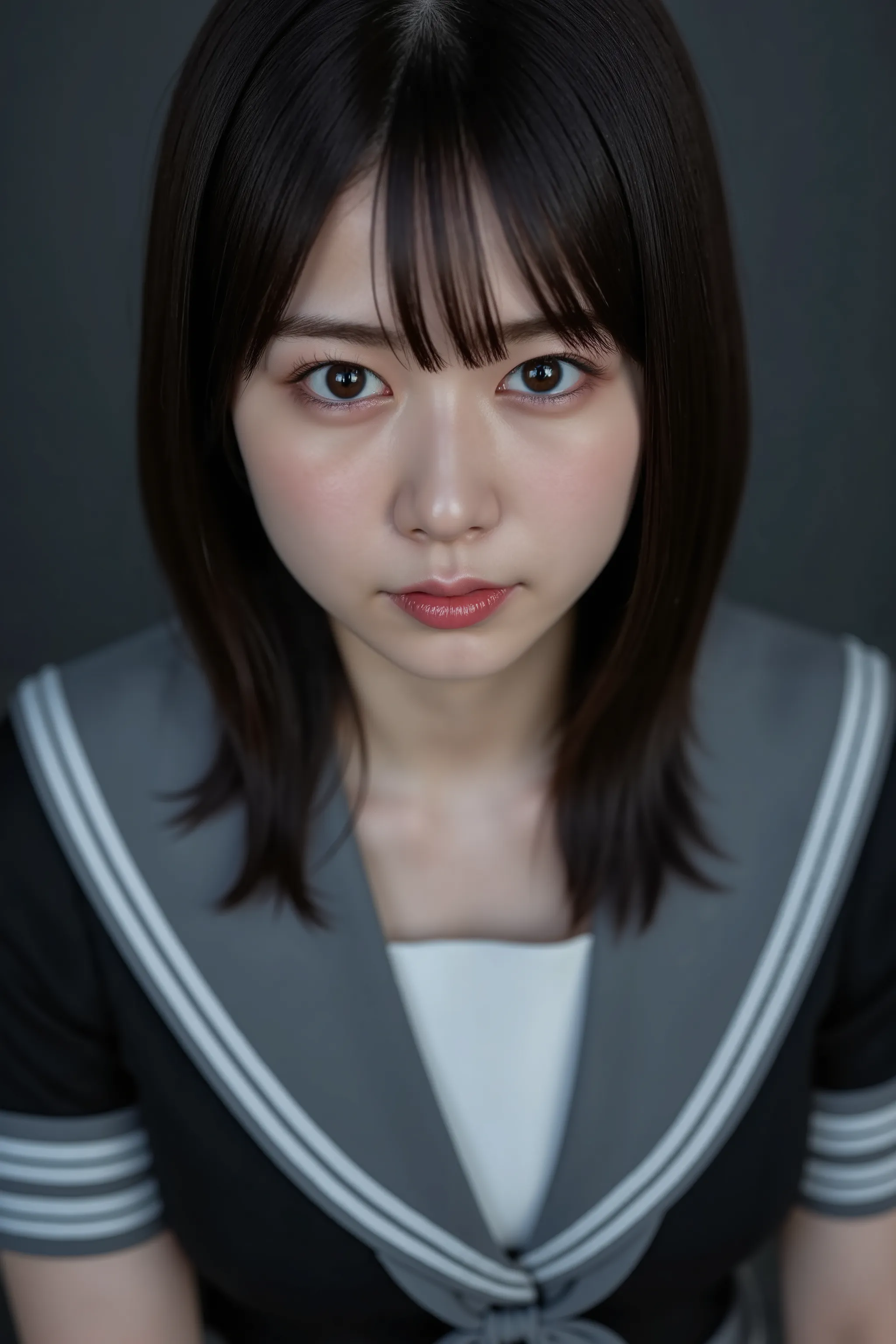 32k, Masterpiece, top quality, (Beautiful Woman) dark hair, sleek, serious expression, intense gaze, red lipstick, subtle eye makeup, school uniform, sophisticated, powerful, neutral background, dark gray, soft lighting, even lighting, high-quality image, ...