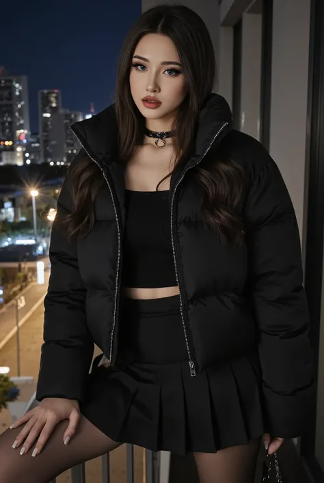 Ultra-realistic night portrait of a young Russian girl in the emo-goth style on the city balcony, Instagram RAW format. Luxurious evening makeup: juicy plump lips with glossy red lipstick, perfectly shaded smoky eyes with iridescent shadows, dramatic doubl...