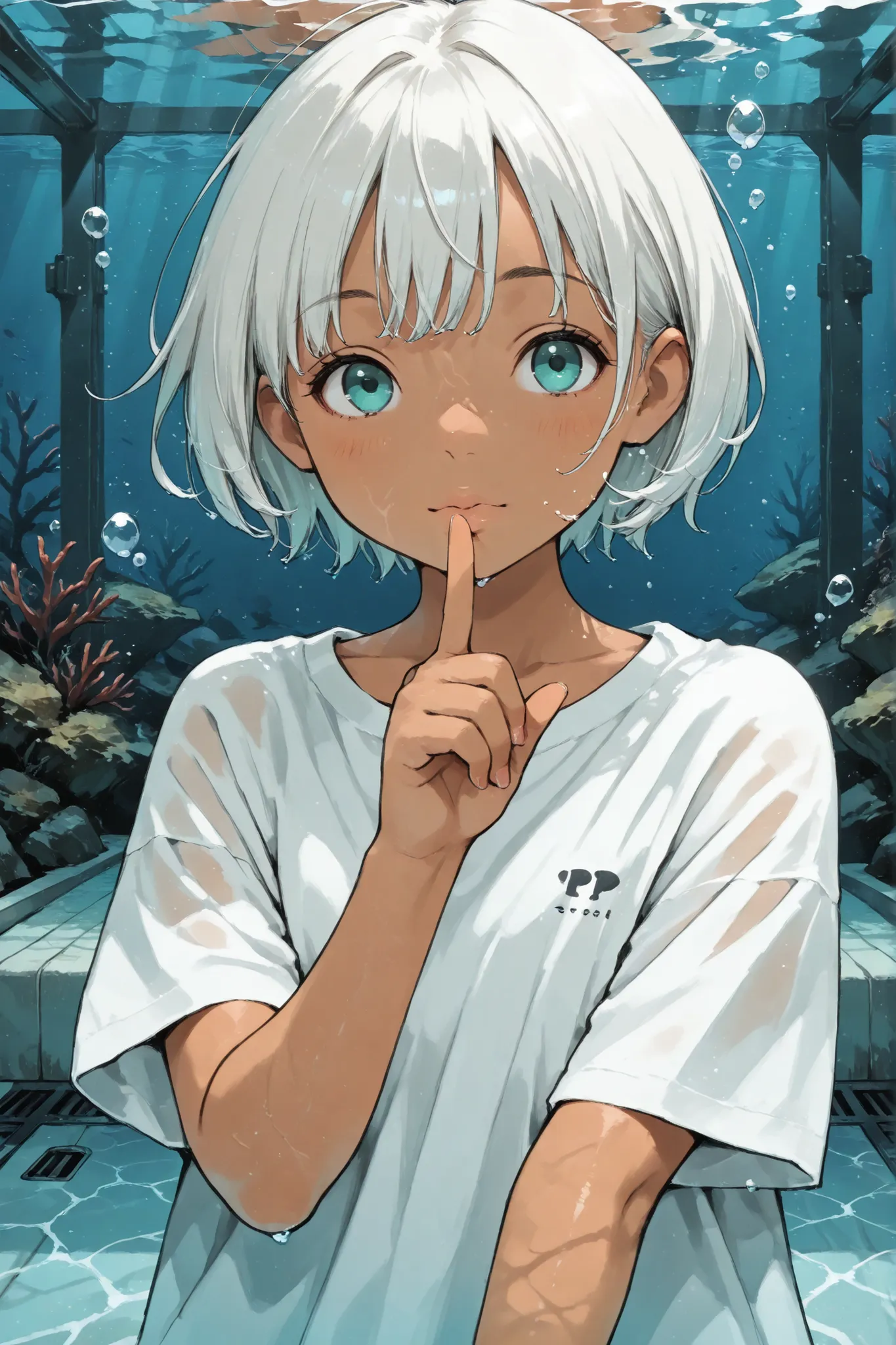 (tanned skin:0.5),Detailed depiction. Detailed depiction of facial expression.
pop illustration.
Theme: Underwater photography, (girl in the Submerged warehouse).
girl: detailed and beautiful face and eyes, big aqua eyes,white-haired 16-year-old Japanese g...