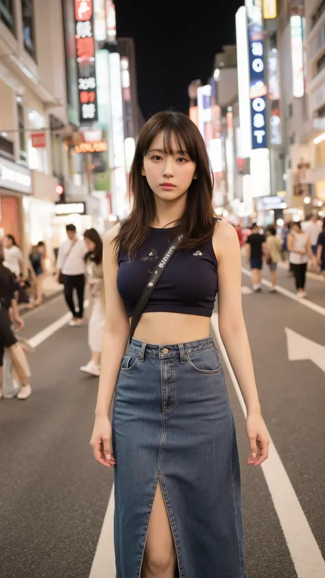 a photorealistic image of a Japanese woman in her 20s walking through the night streets of Ginza, Tokyo, viewed from a slight front-side angle. She has long black hair with blue inner highlights, wearing a sleeveless, cropped, tight-fitting shirt and a lon...