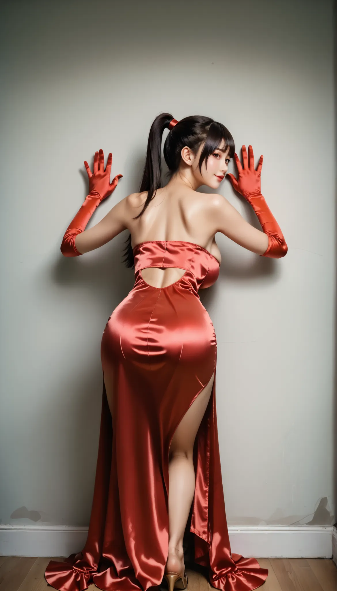 high resolution,32K,masterpiece,top quality,ultra detailed face,(In the bedroom:1.2), one beautiful Japanese woman ,(black eyes:1.2), (large breast:1.4),(beautiful face,small face:1.3),dark haired,(long hair,ponytail,asymmetrical bangs),(seductive smile:1....