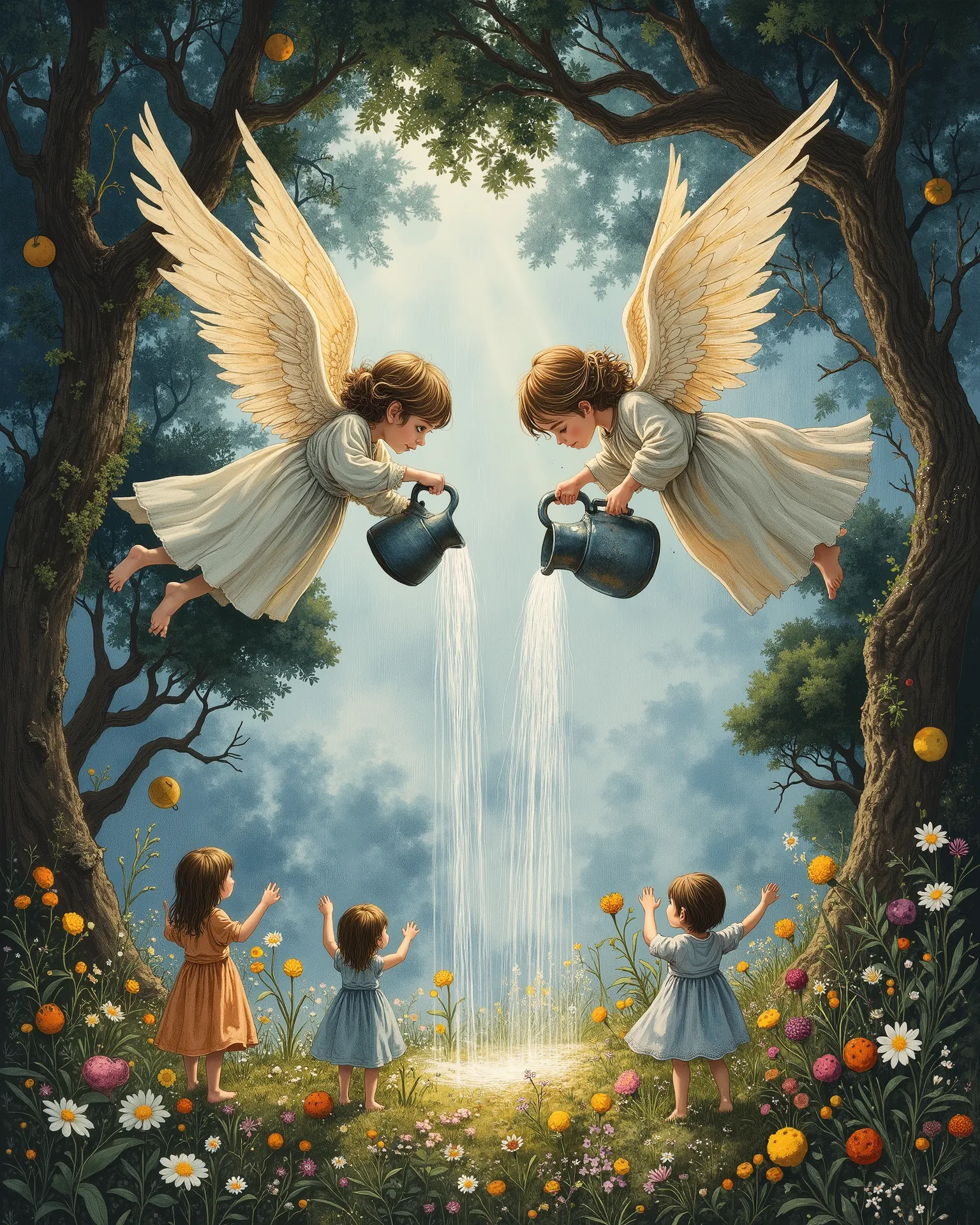 Two very cute angels are flying under the clouds and watering the ground from old jugs, everything is blooming below: flowers, fruit trees and children are dancing in the rain, having fun and rejoicing, raising their arms and exposing their faces. Very det...