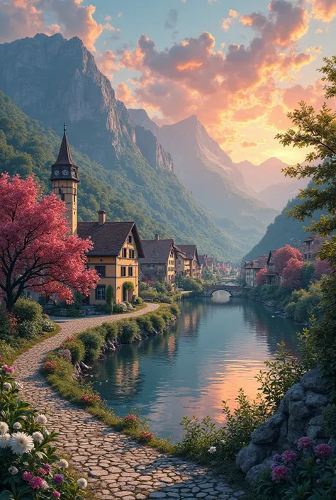a small village by the river, mountains in the background, floral flowers colorful, detailed landscape, Beautiful natural landscapes, atmospheric lighting, scorching sunset, warm colours, practical, photopractical, Detailed Foliage, complex buildings, cobb...