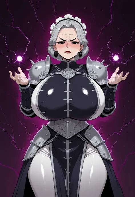Grandma. gray hair, black eyes, short hair, dark red lips, wrinkles, earrings, makeup, huge saggy breasts, cowboy shot, frown ,looking at viewer, masterpiece, best quality, amazing quality, old woman and young guy.|  young boy. 1old woman. ((score_9, score...