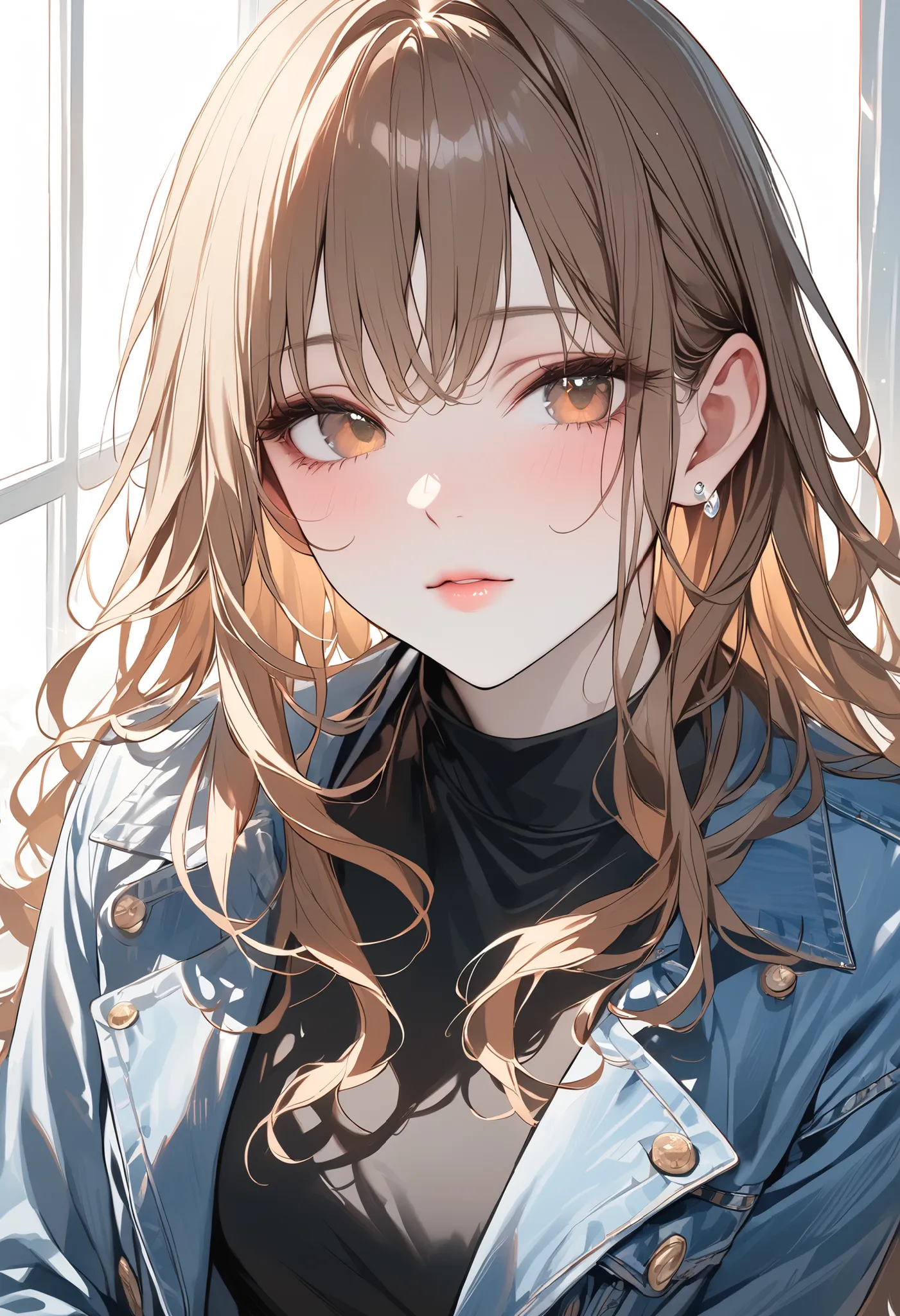 Girl, long wavy and falling brown hair, hazel eyes, sharp features, white skin, a glimpse of light pink lip gloss, beautiful, perfect, elegant, wearing a black t-shirt, jeans jacket, masterpiece, bright colors, high quality resolution .