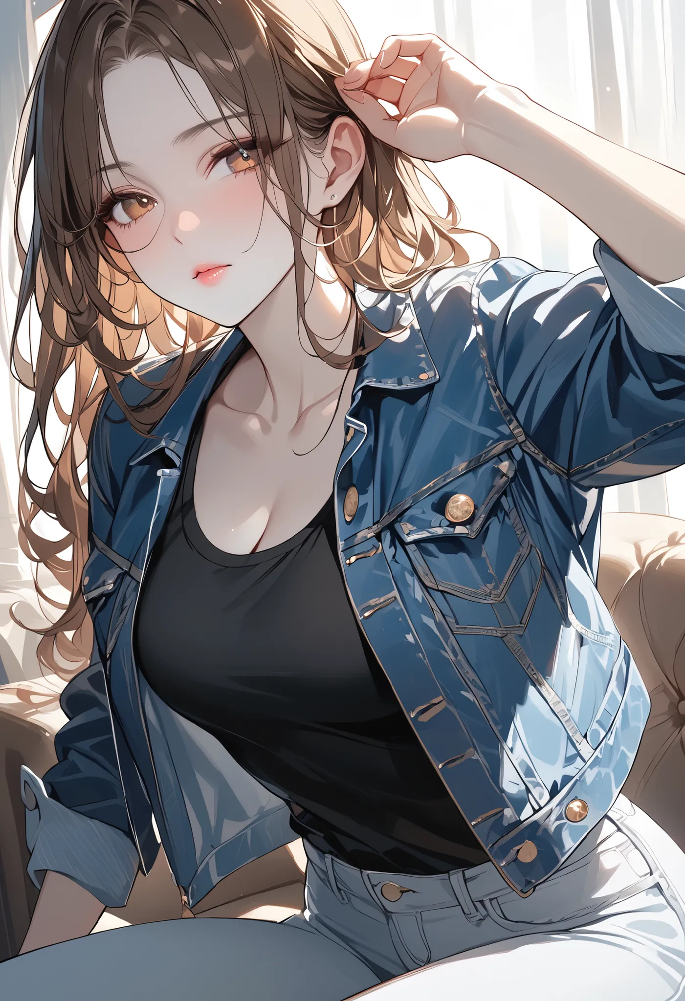 Girl, long wavy and falling brown hair, hazel eyes, sharp features, white skin, a glimpse of light pink lip gloss, beautiful, perfect, elegant, wearing a black t-shirt, jeans jacket, masterpiece, bright colors, high quality resolution .