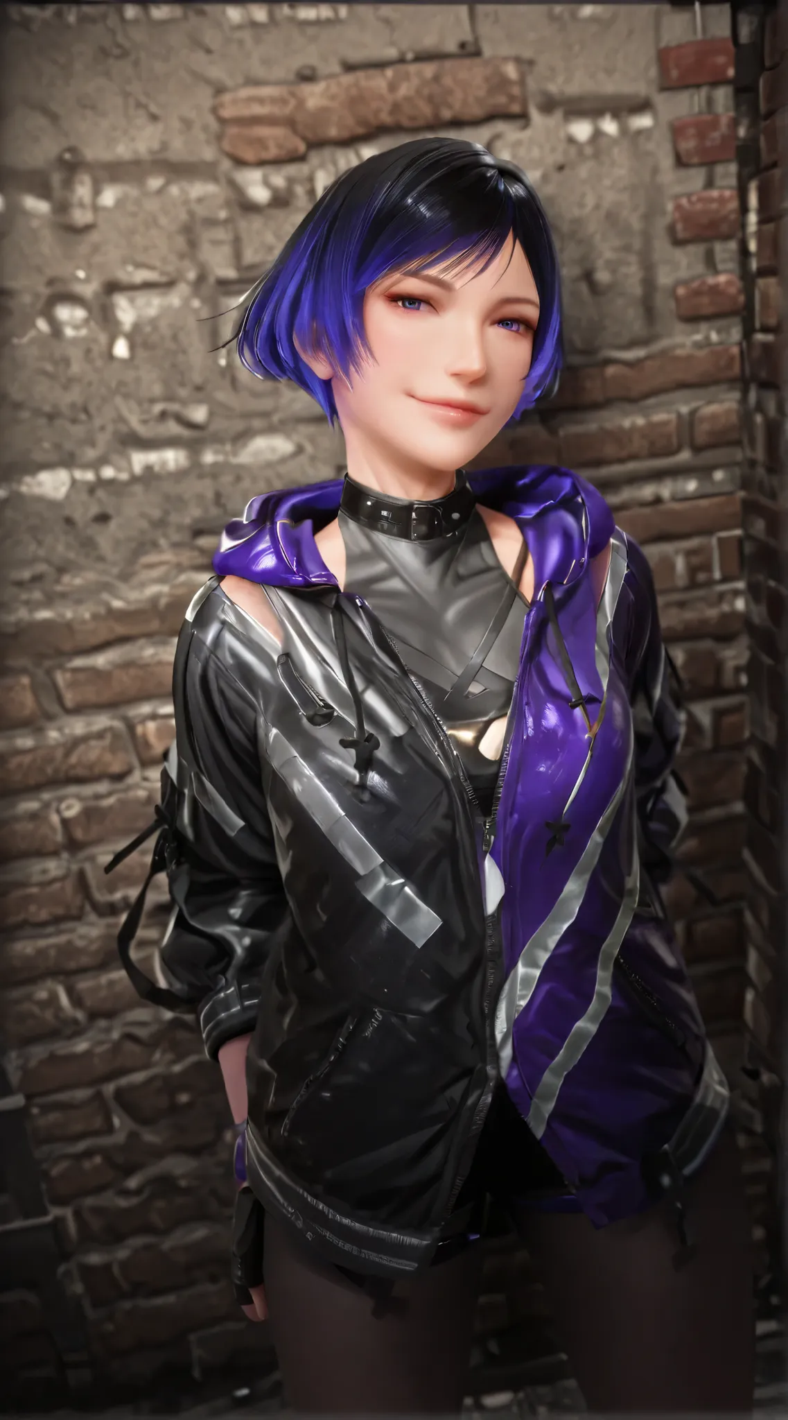 reina mishima with purple hair and a black jacket posing sensually in the back alley's side at the night for picture, tekken 8 girl in hoodie, hyper-realistic tekken 8 style, tekken outfit, tekken 8 wearing, tekken 8 style outfit, tekken 8 clothes, fashion...