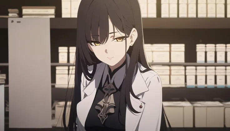 masterpiece, best quality, solo, 1woman, mature, black hair, long hair, dark yellow eye, medium breast, black dress, white pharmacist coat, standing, looking at viewer, observing gaze, slight smile, composed, black background only