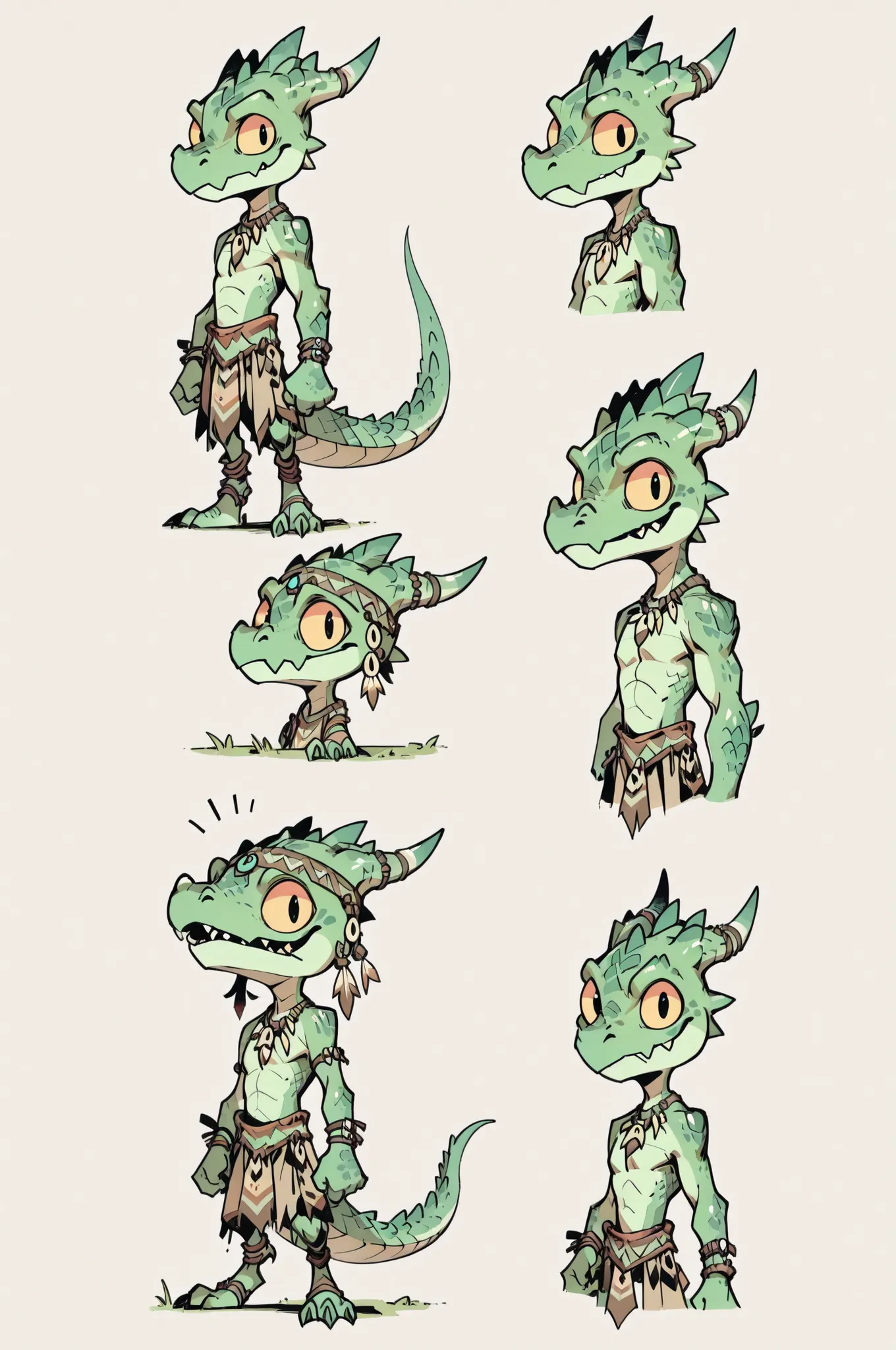 Three( male,green skin, green scales, (((Kobold)), (detailed kobold)) wearing a adventure equipament , a tribal clothes , character design, toon style
