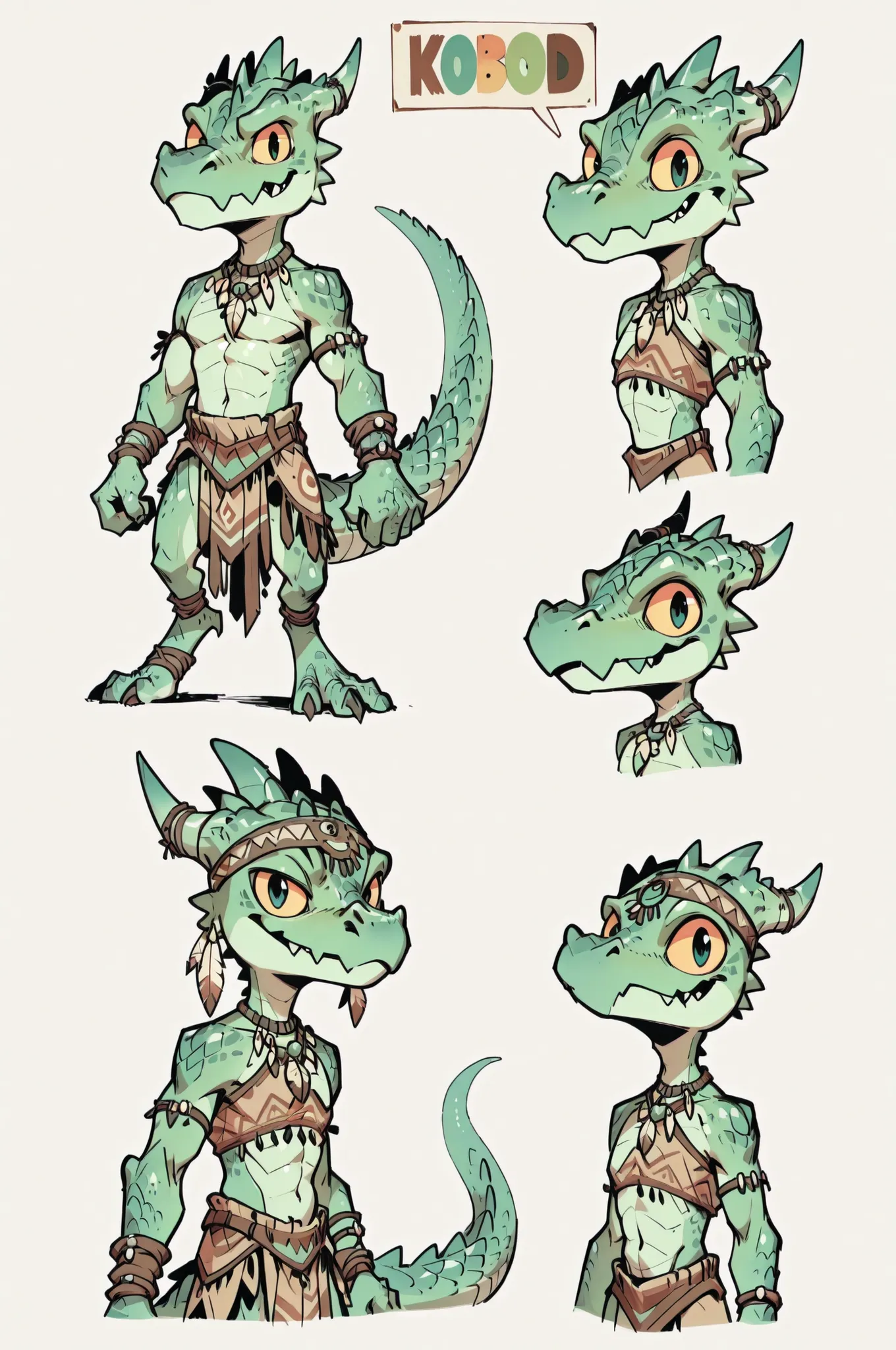 Three( male,green skin, green scales, (((Kobold)), (detailed kobold)) wearing a adventure equipament , a tribal clothes , character design, toon style