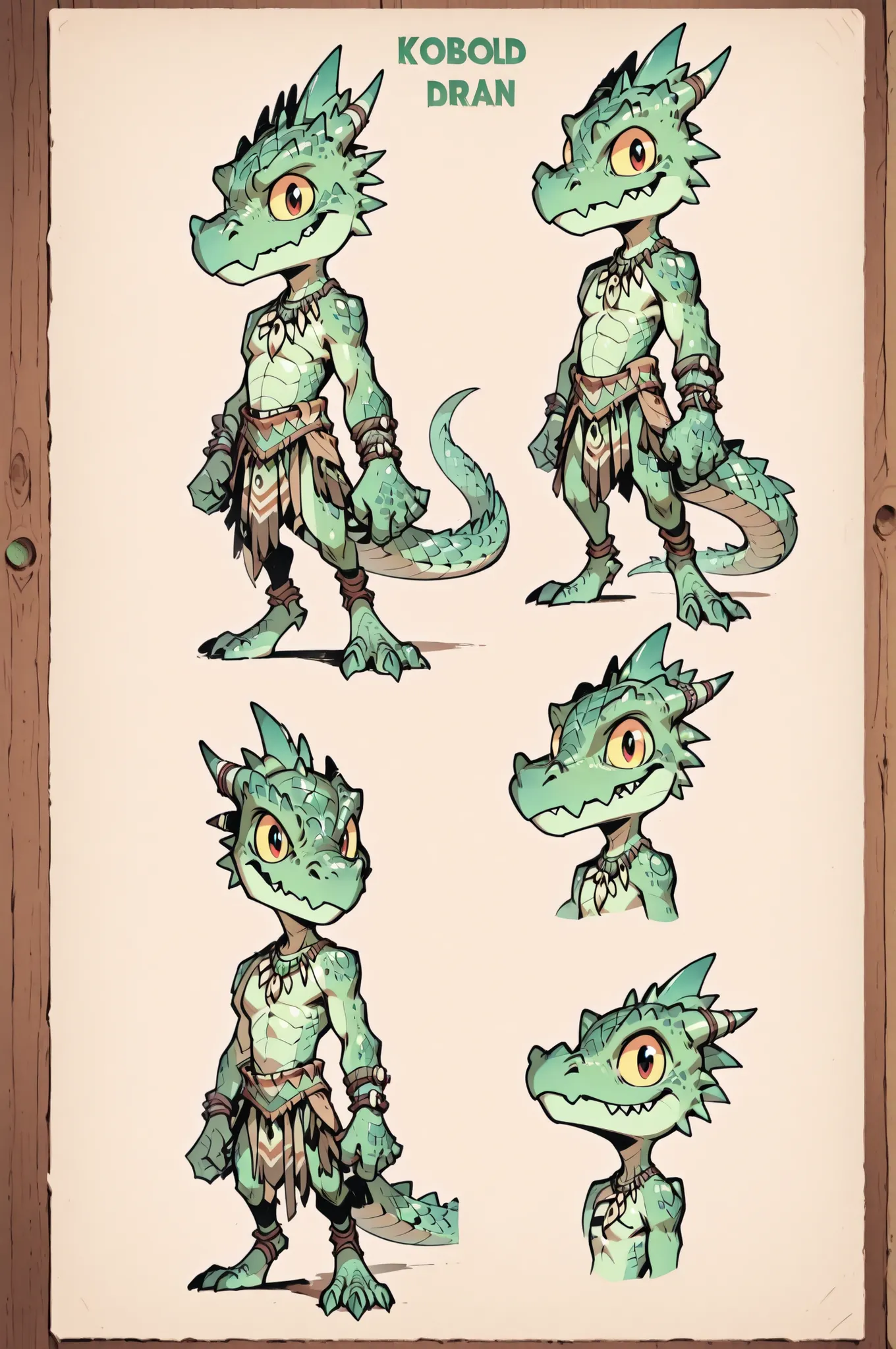 Three( male,green skin, green scales, (((Kobold)), (detailed kobold)) wearing a adventure equipament , a tribal clothes , character design, toon style
