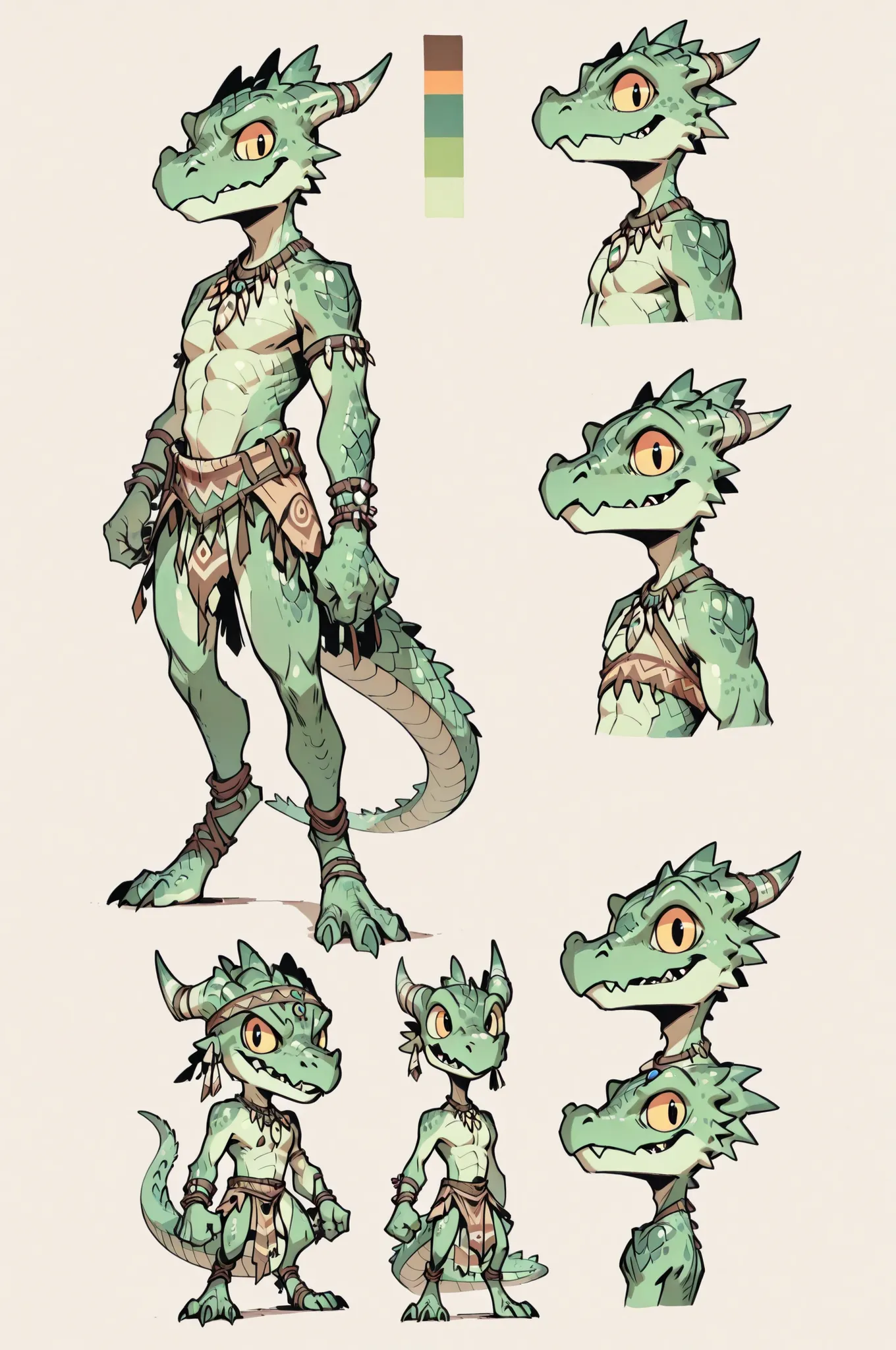 Three( male,green skin, green scales, (((Kobold)), (detailed kobold)) wearing a adventure equipament , a tribal clothes , character design, toon style