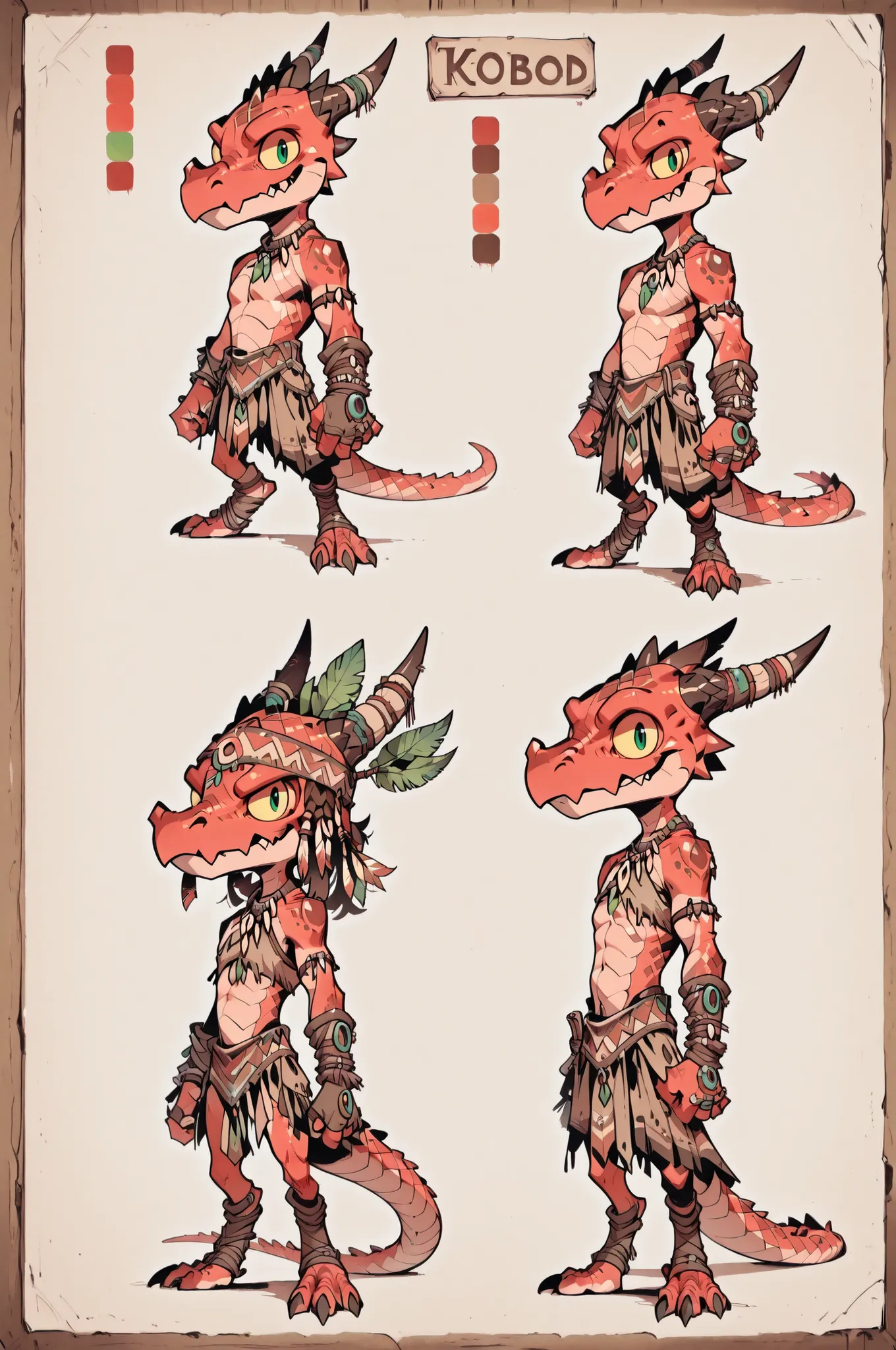 Three( male, red skin, red scales, (((Kobold)), (detailed kobold)) wearing a adventure equipament , a tribal clothes , character design, toon style