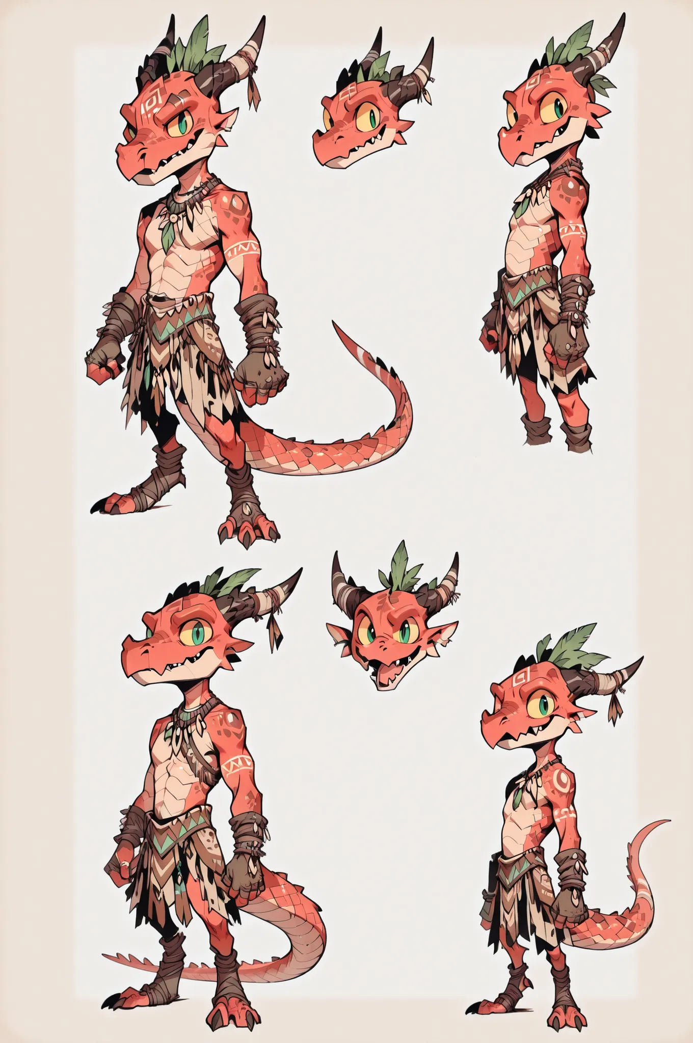 Three( male, red skin, red scales, (((Kobold)), (detailed kobold)) wearing a adventure equipament , a tribal clothes , character design, toon style