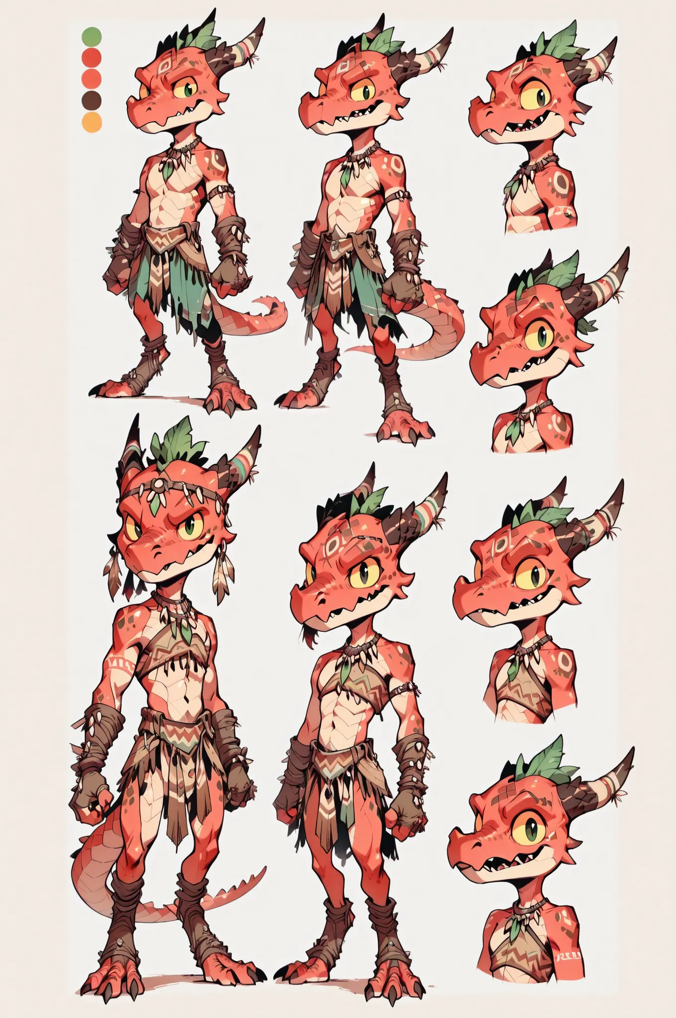 Three( male, red skin, red scales, (((Kobold)), (detailed kobold)) wearing a adventure equipament , a tribal clothes , character design, toon style