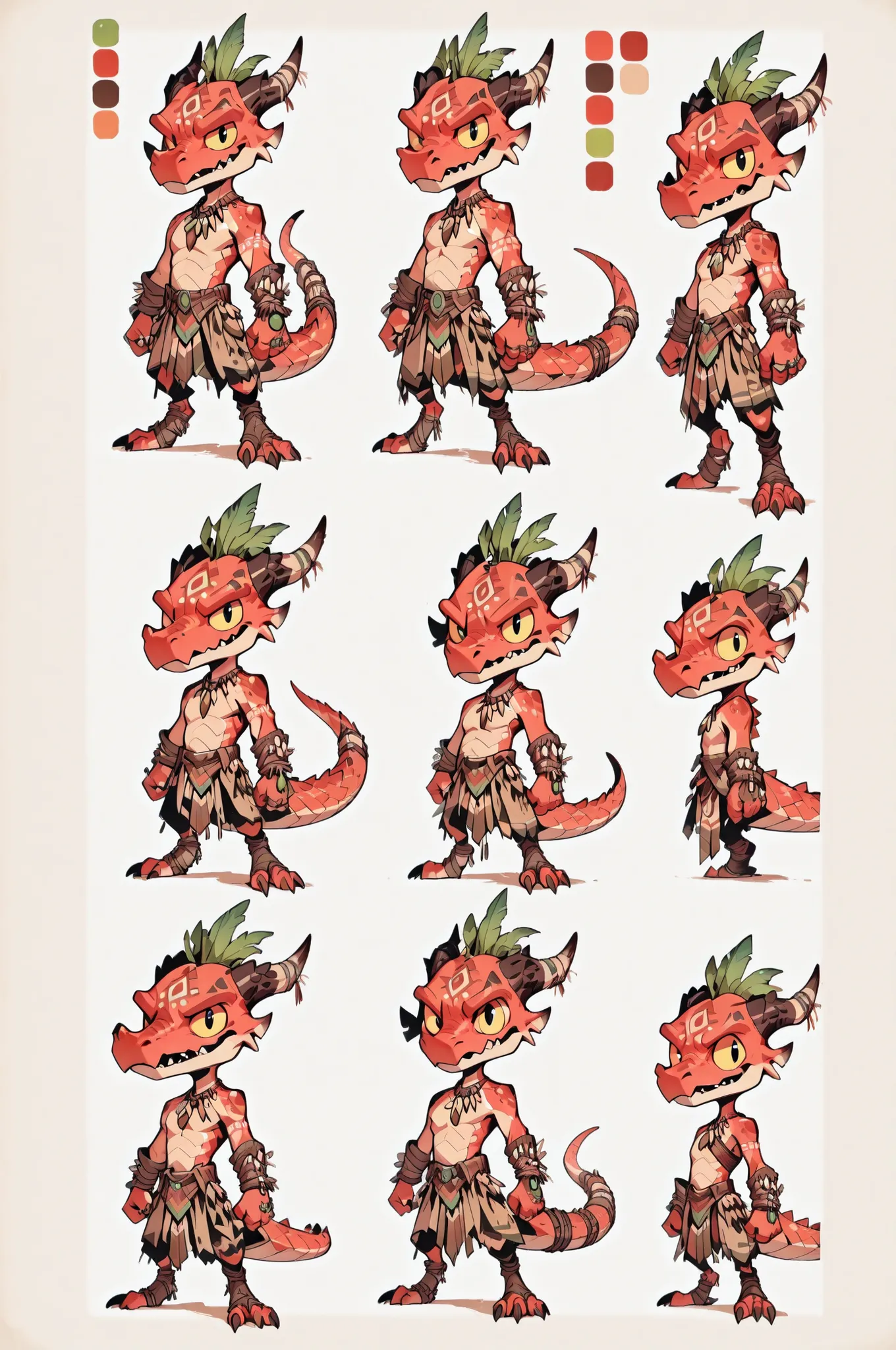 Three( male, red skin, red scales, (((Kobold)), (detailed kobold)) wearing a adventure equipament , a tribal clothes , character design, toon style