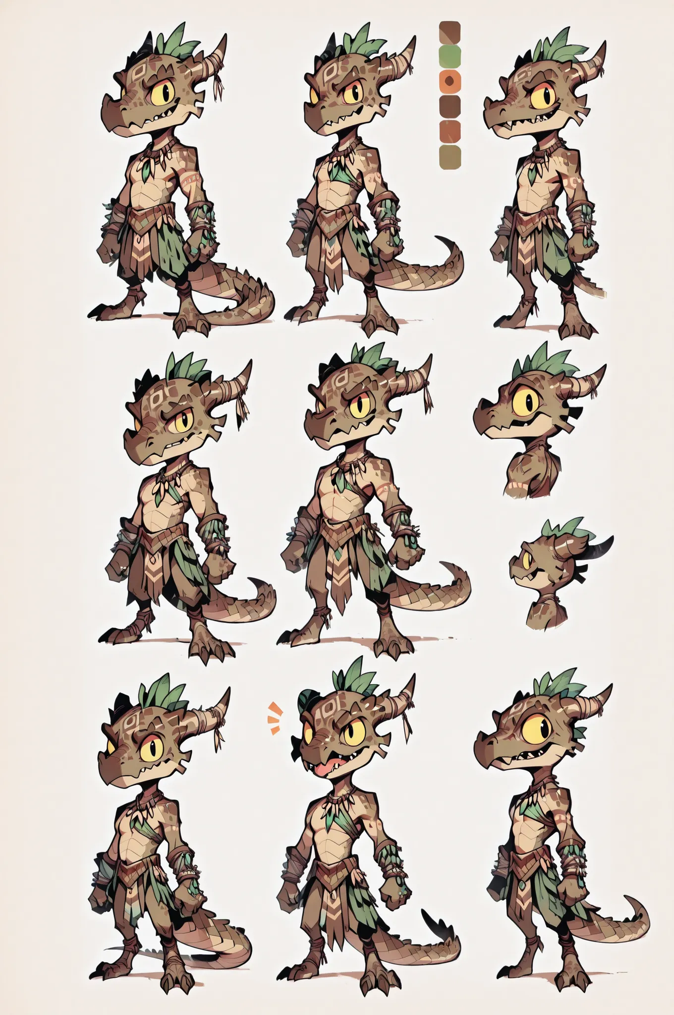 Three( male,brown skin, brown scales, (((Kobold)), (detailed kobold)) wearing a adventure equipament , a tribal clothes , character design, toon style